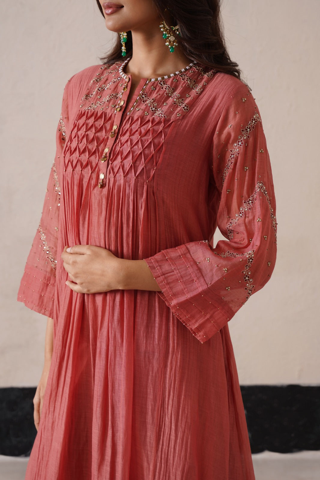 Peach Pink Pintuck Kurta Se