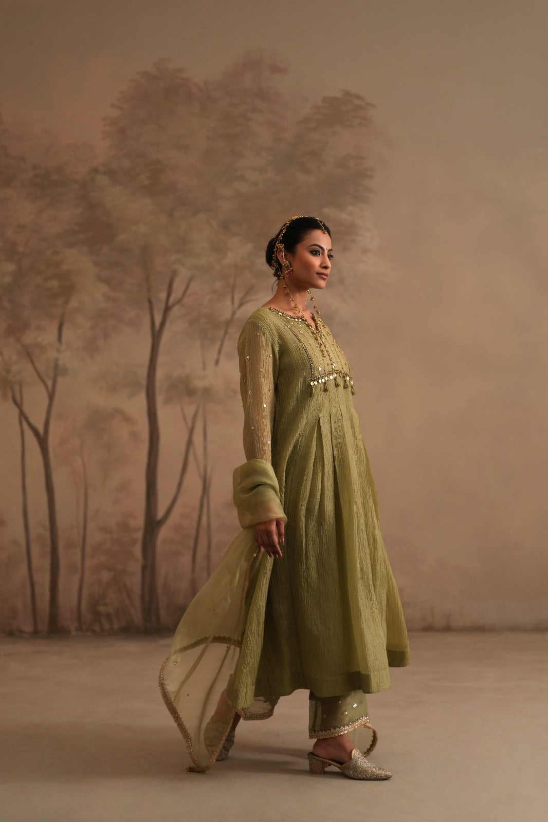 Olive Green Heer Inara Box Pleated