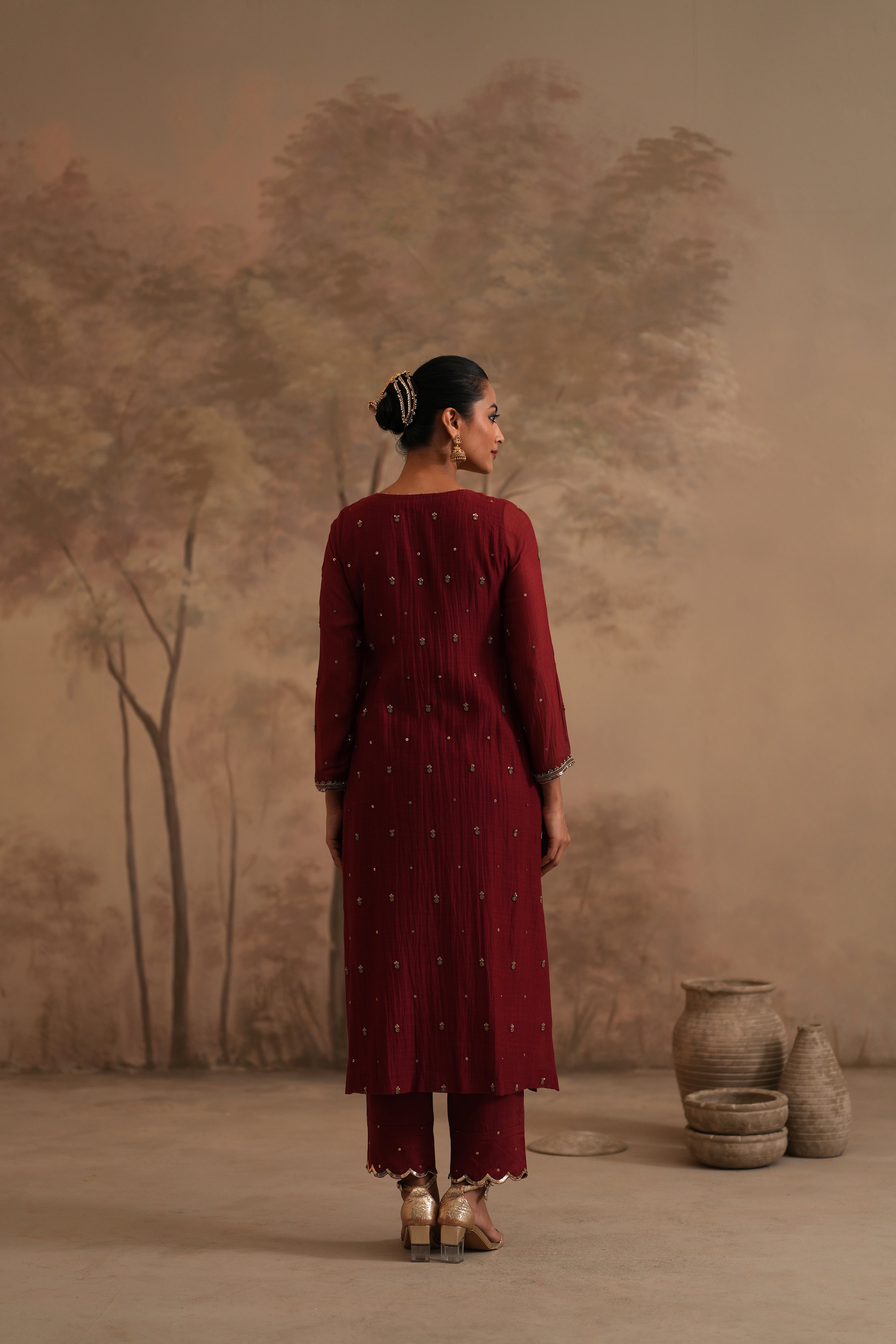 Brick Red Qala Kalika Straight Boatneck Set