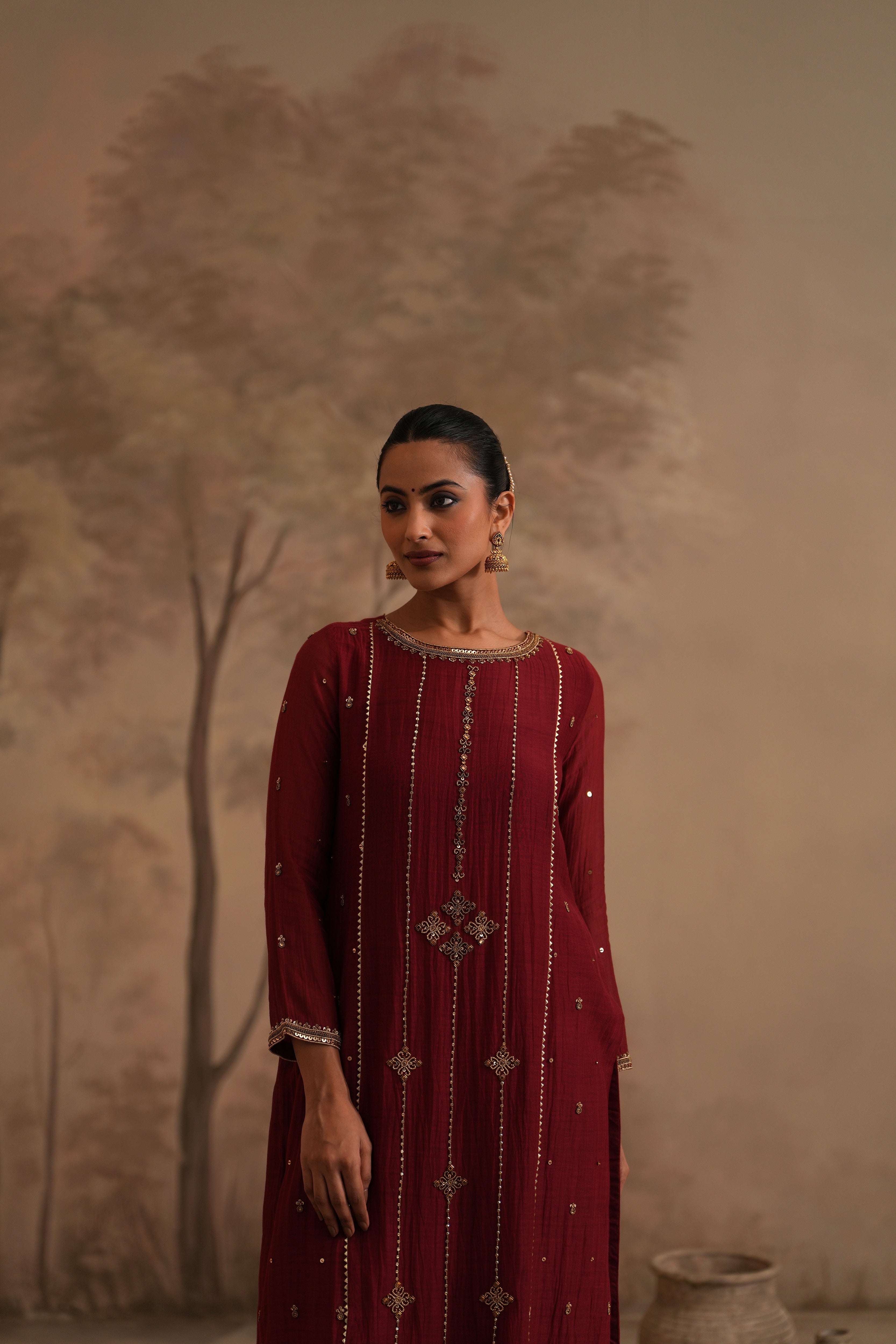 Brick Red Qala Kalika Straight Boatneck Set