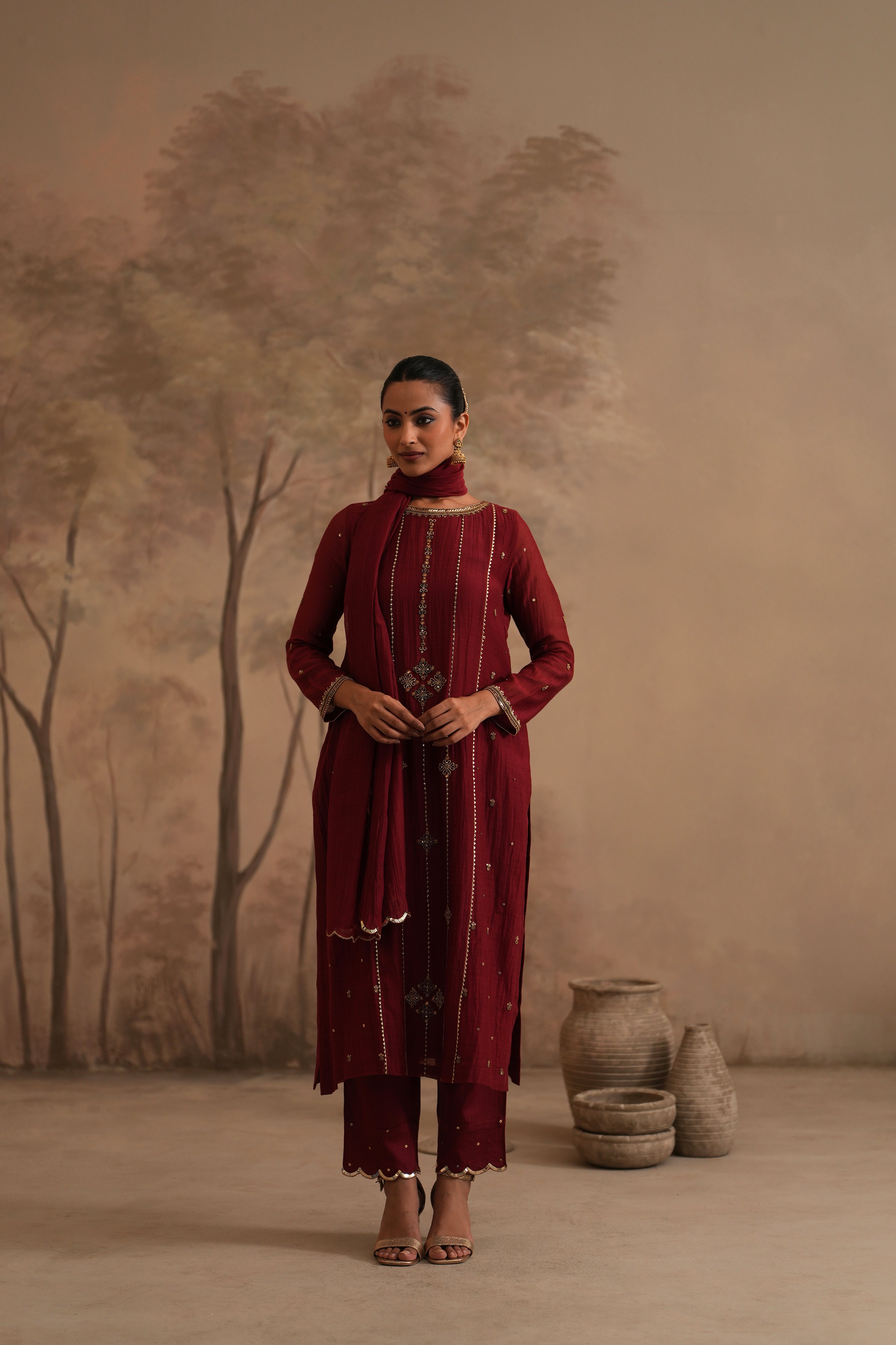 Brick Red Qala Kalika Straight Boatneck Set