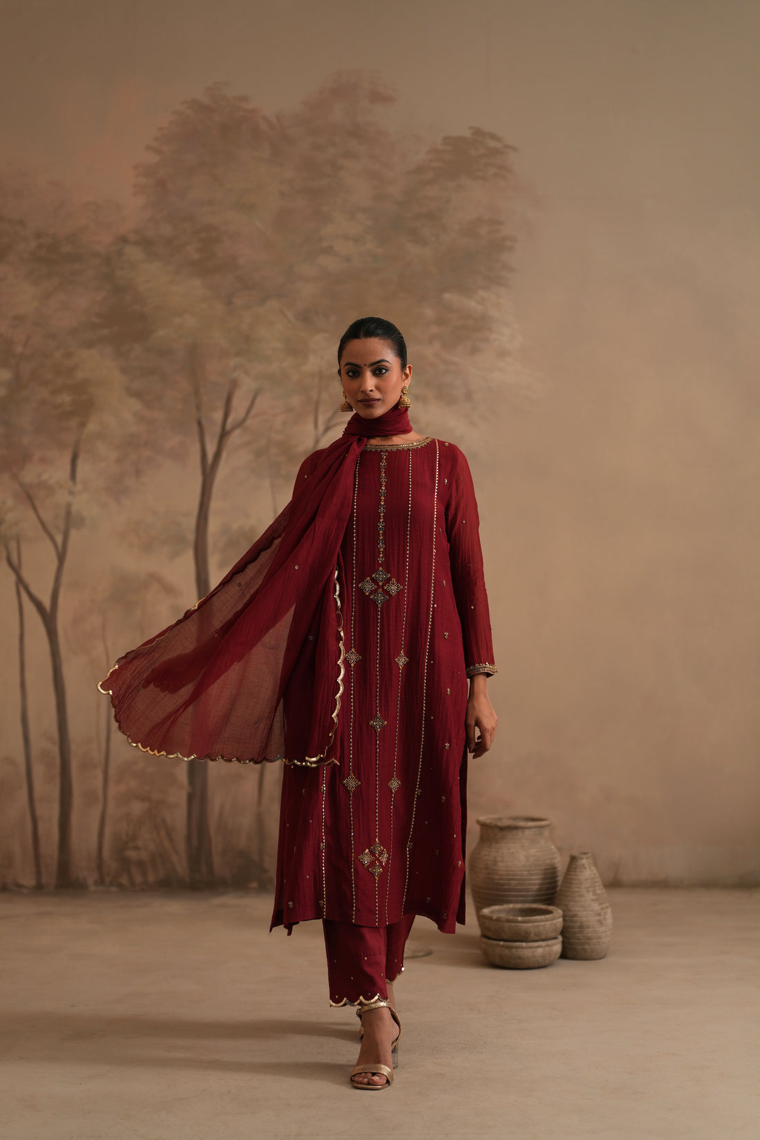 Brick Red Qala Kalika Straight Boatneck Set