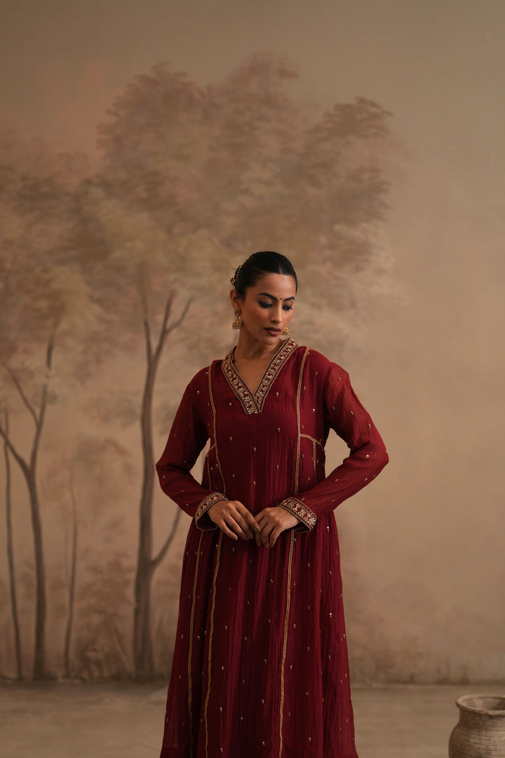 Brick Red Qala Ritika Shawl Collar Aline Set
