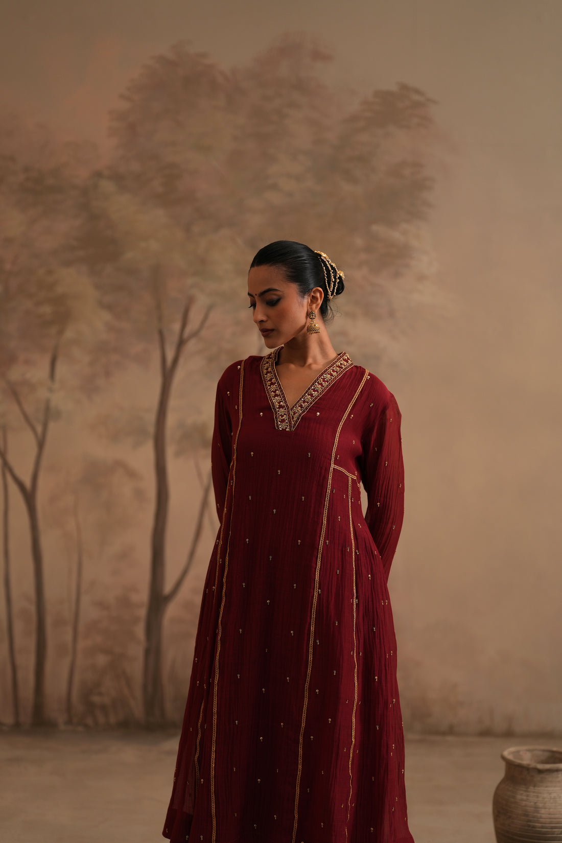 Brick Red Qala Ritika Shawl Collar Aline Set