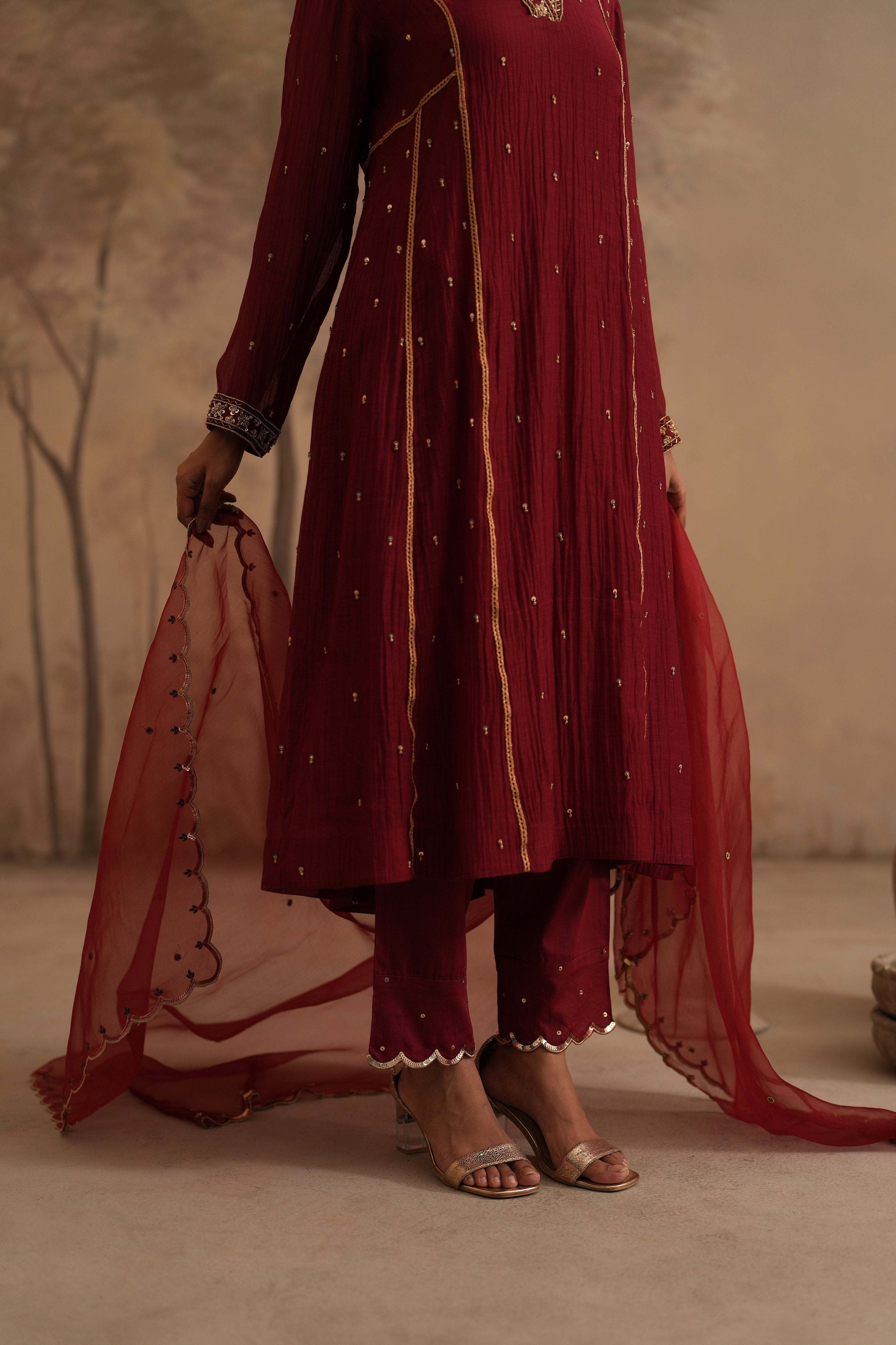 Brick Red Qala Ritika Shawl Collar Aline Set
