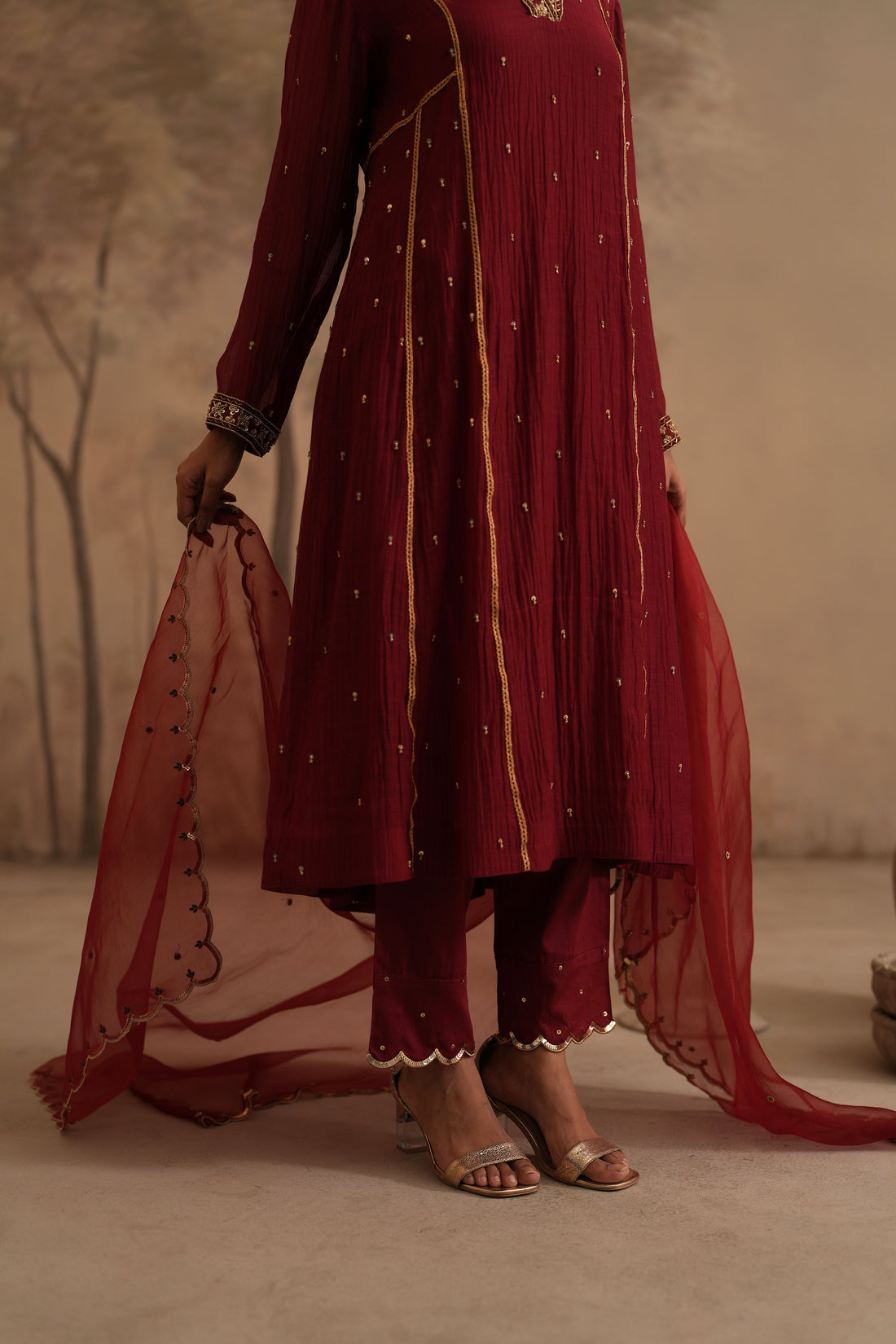 Brick Red Qala Ritika Shawl Collar Aline Set