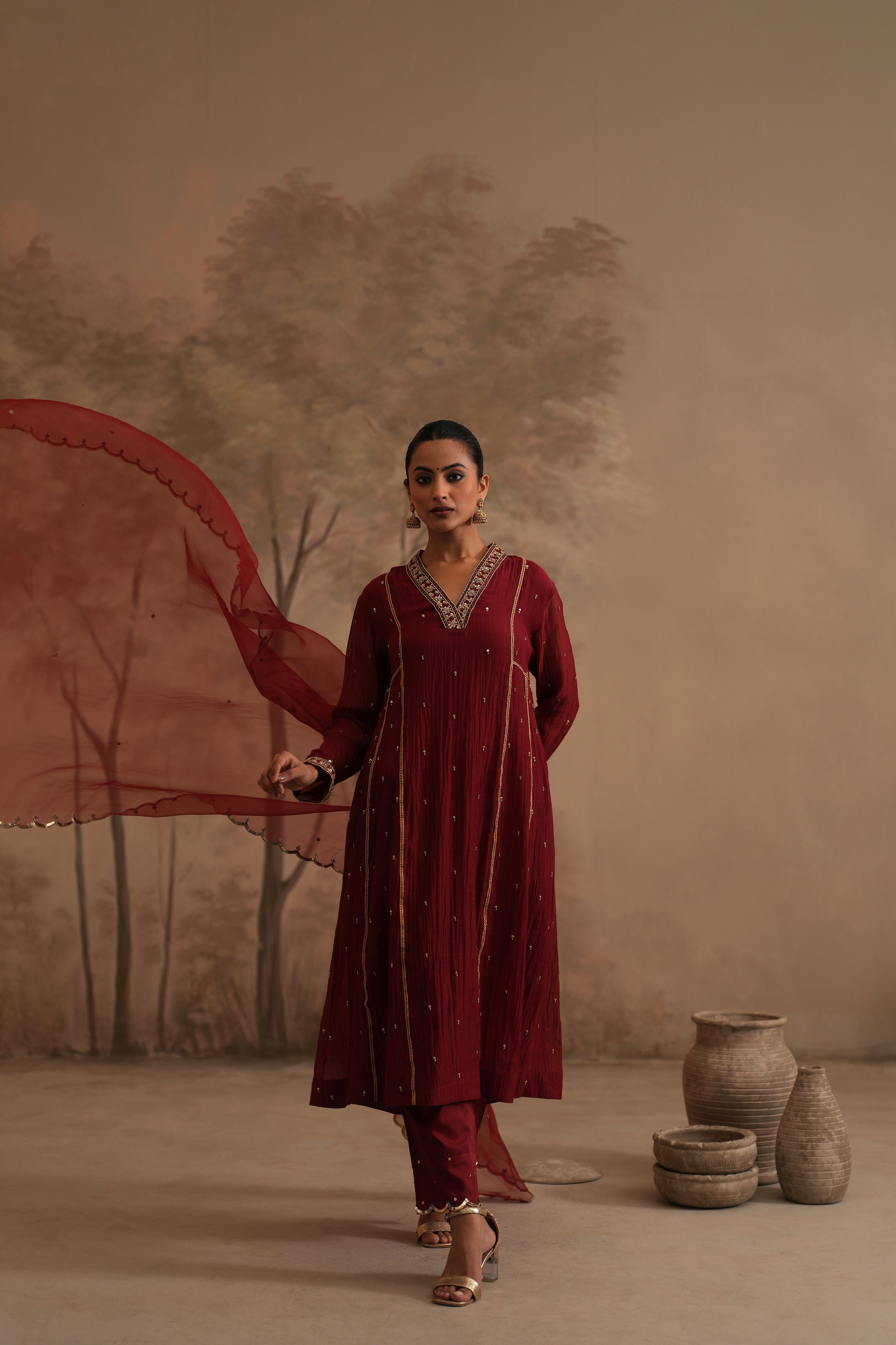 Brick Red Qala Ritika Shawl Collar Aline Set