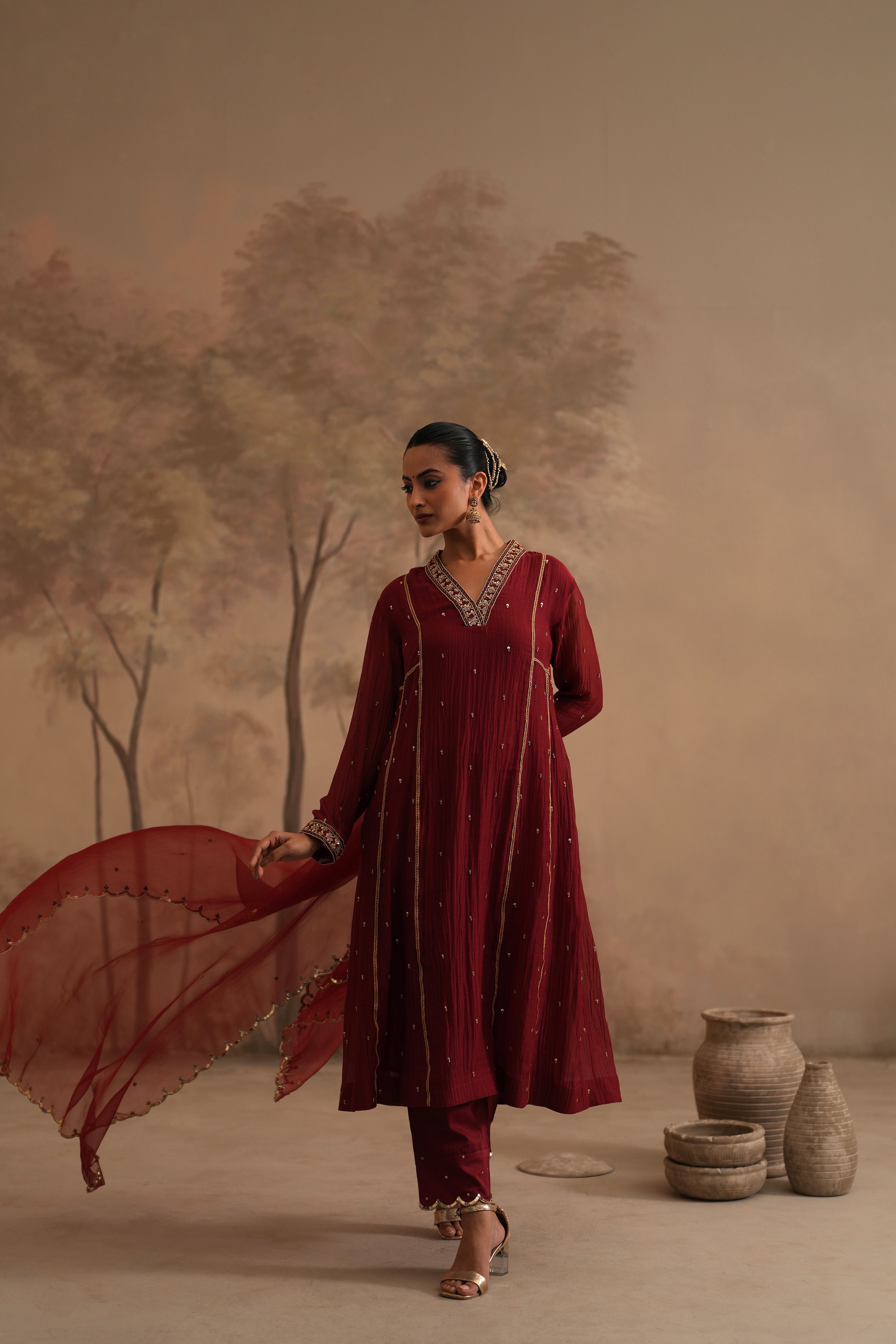 Brick Red Qala Ritika Shawl Collar Aline Set