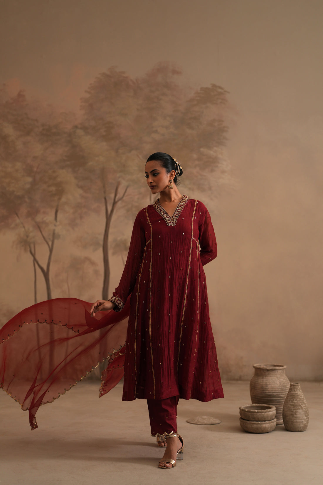 Brick Red Qala Ritika Shawl Collar Aline Set