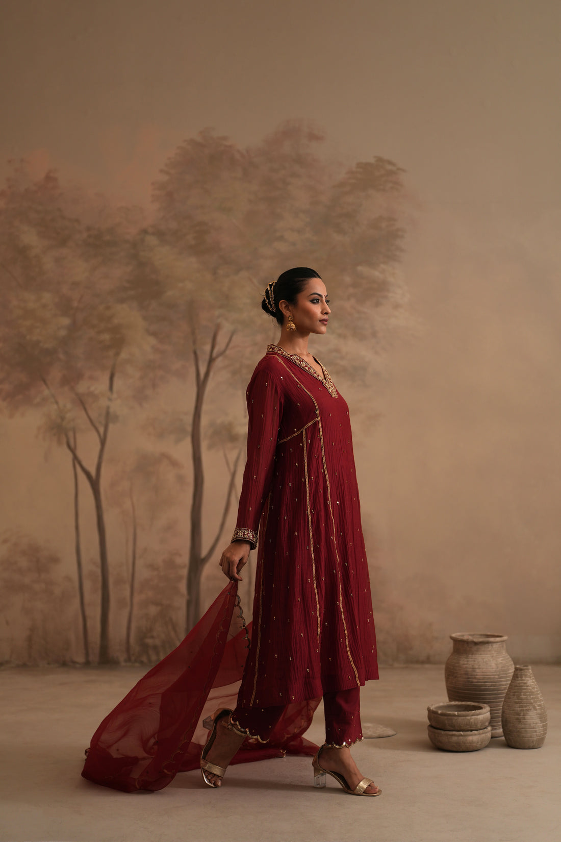 Brick Red Qala Ritika Shawl Collar Aline Set