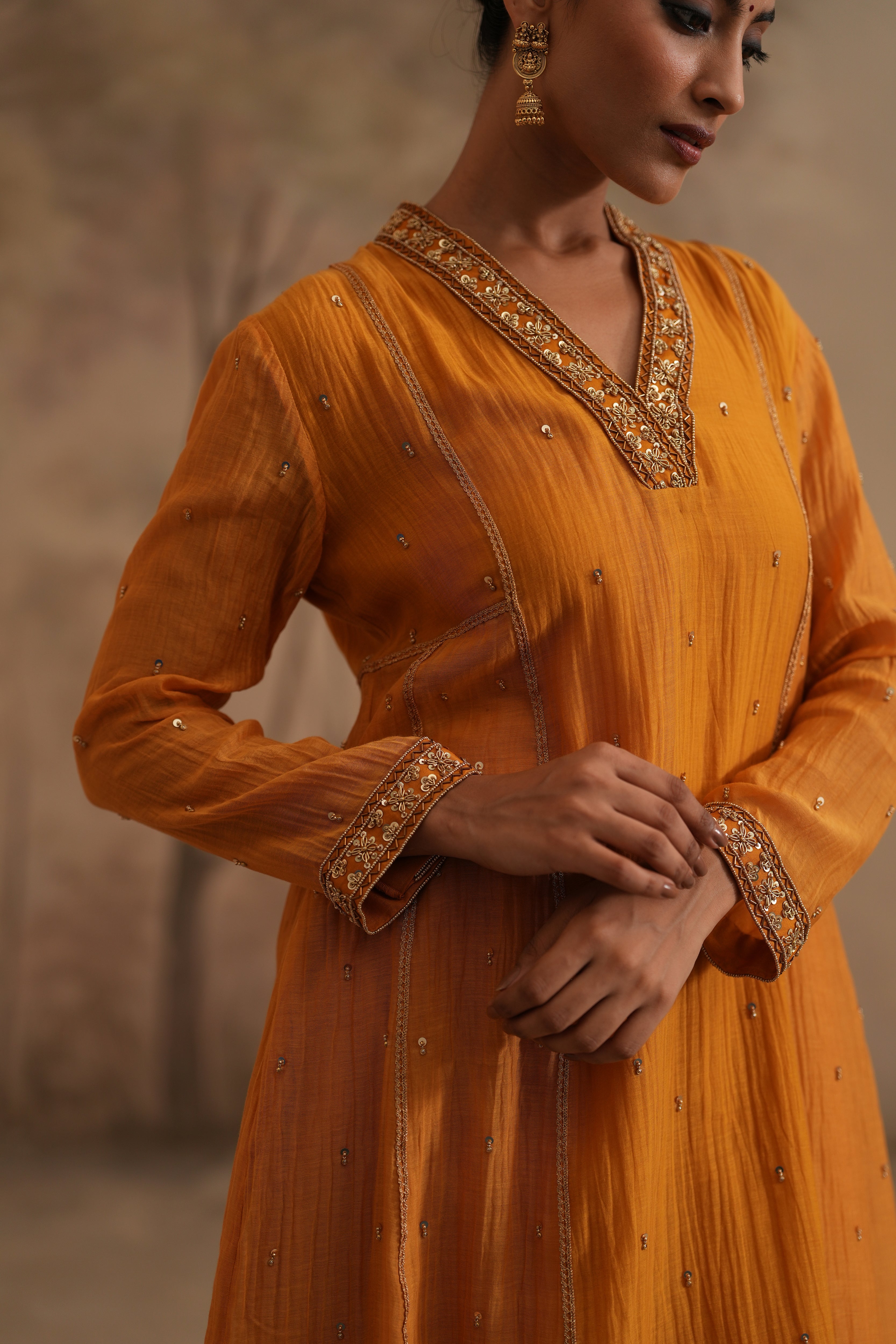 Earthy Yellow Qala Ritika Shawl Collar Aline Se