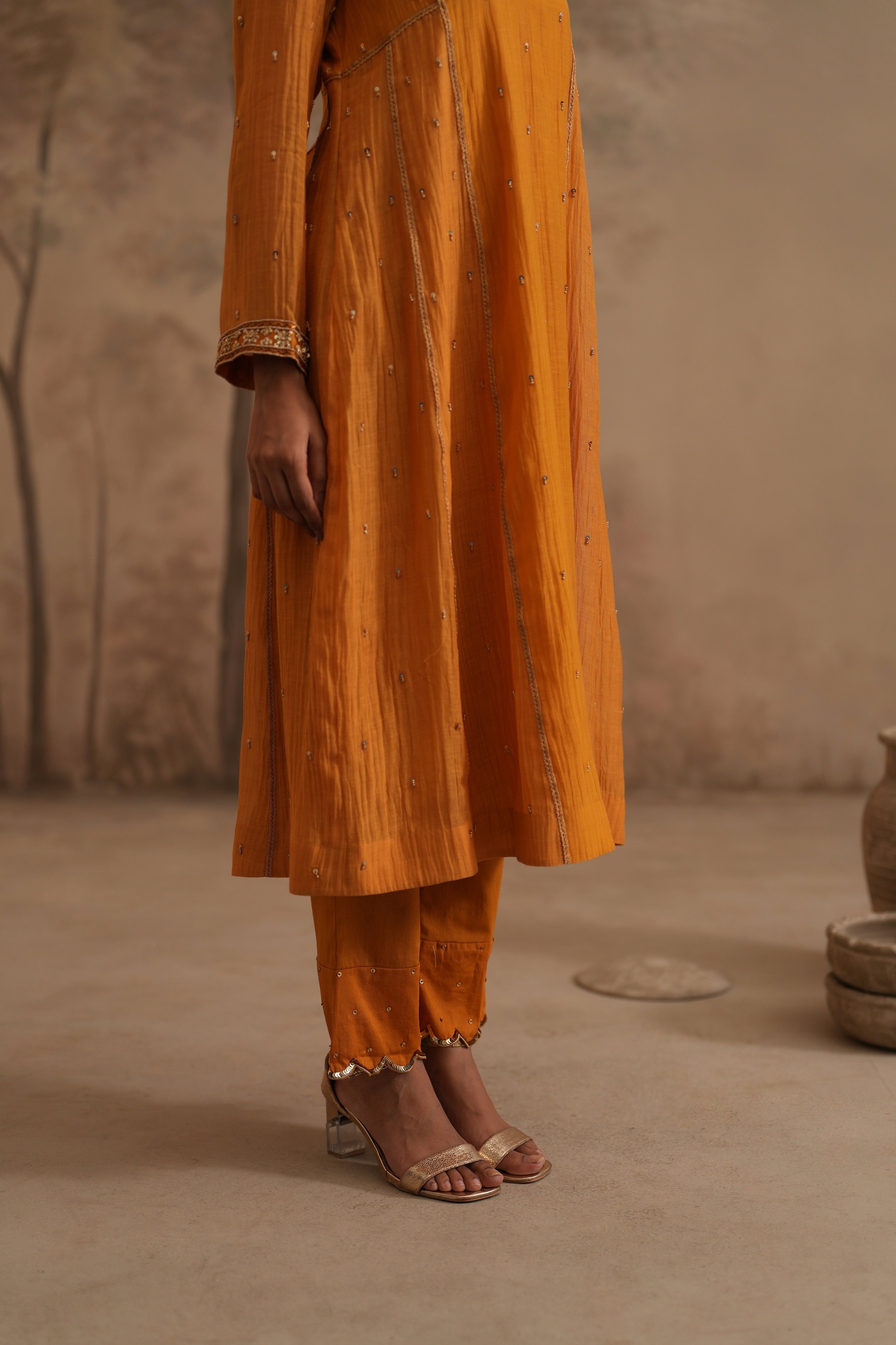 Earthy Yellow Qala Ritika Shawl Collar Aline Se