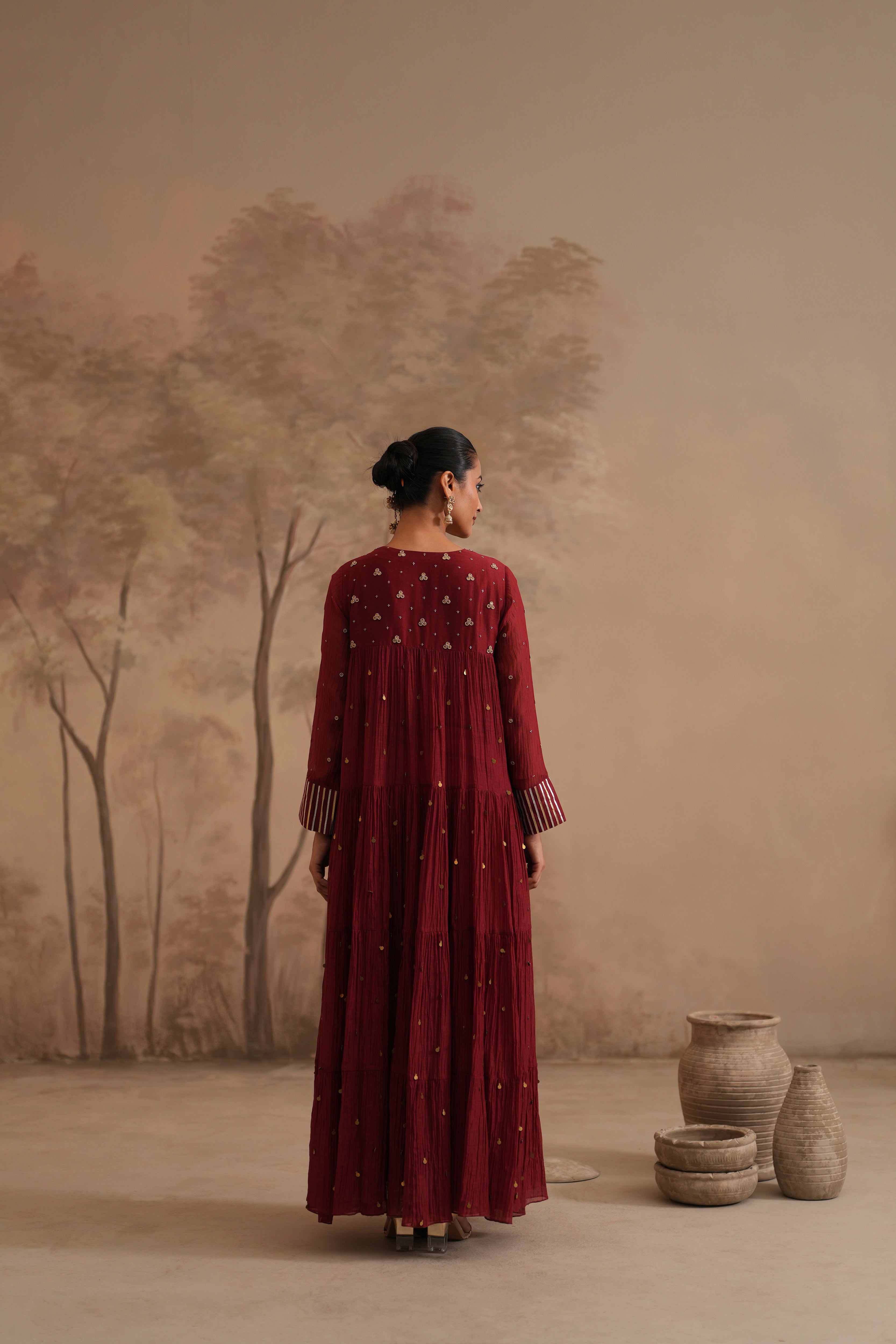 Brick Red Qala Aarna Layered Long Anarkali Set