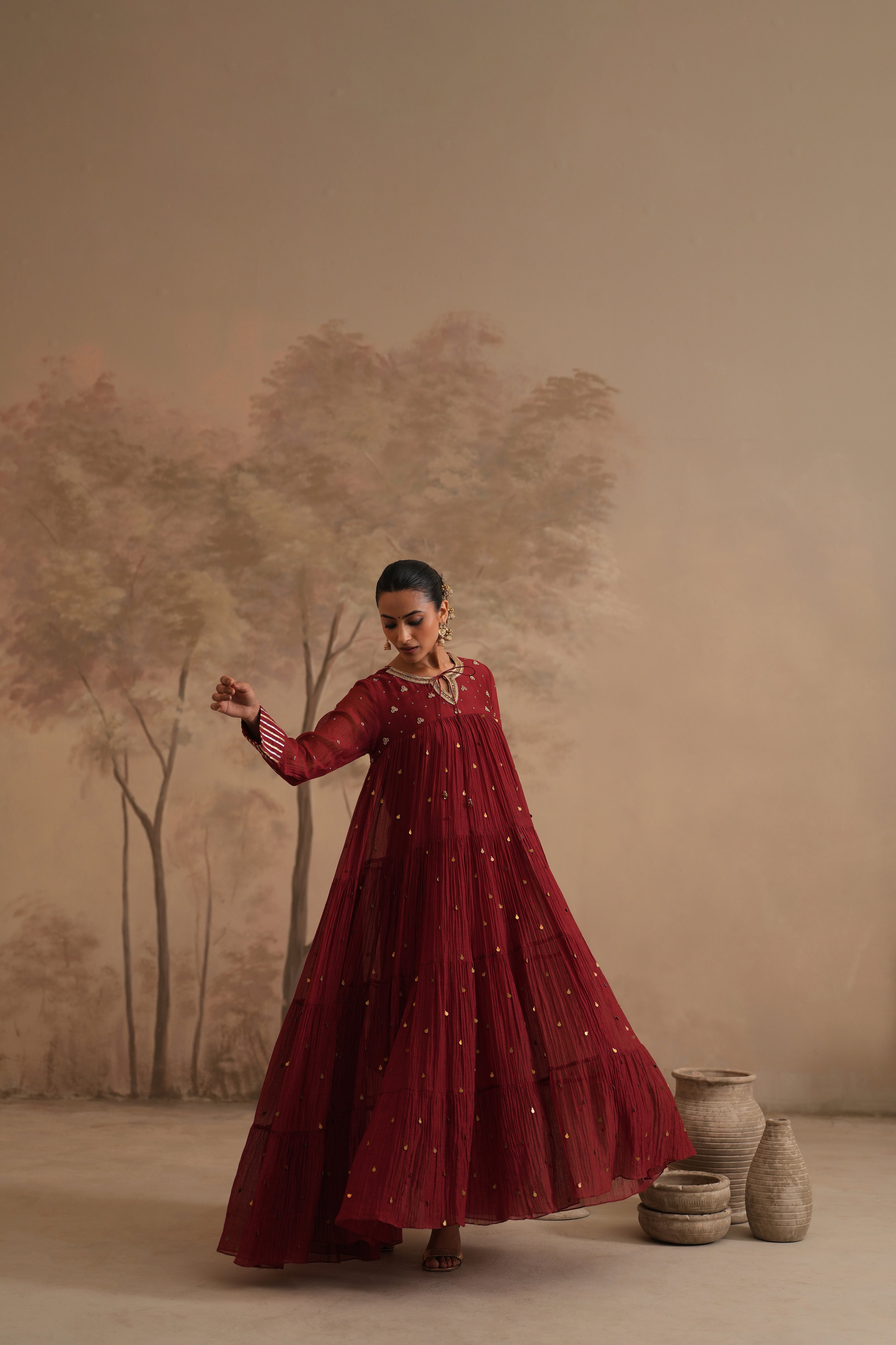 Brick Red Qala Aarna Layered Long Anarkali Set