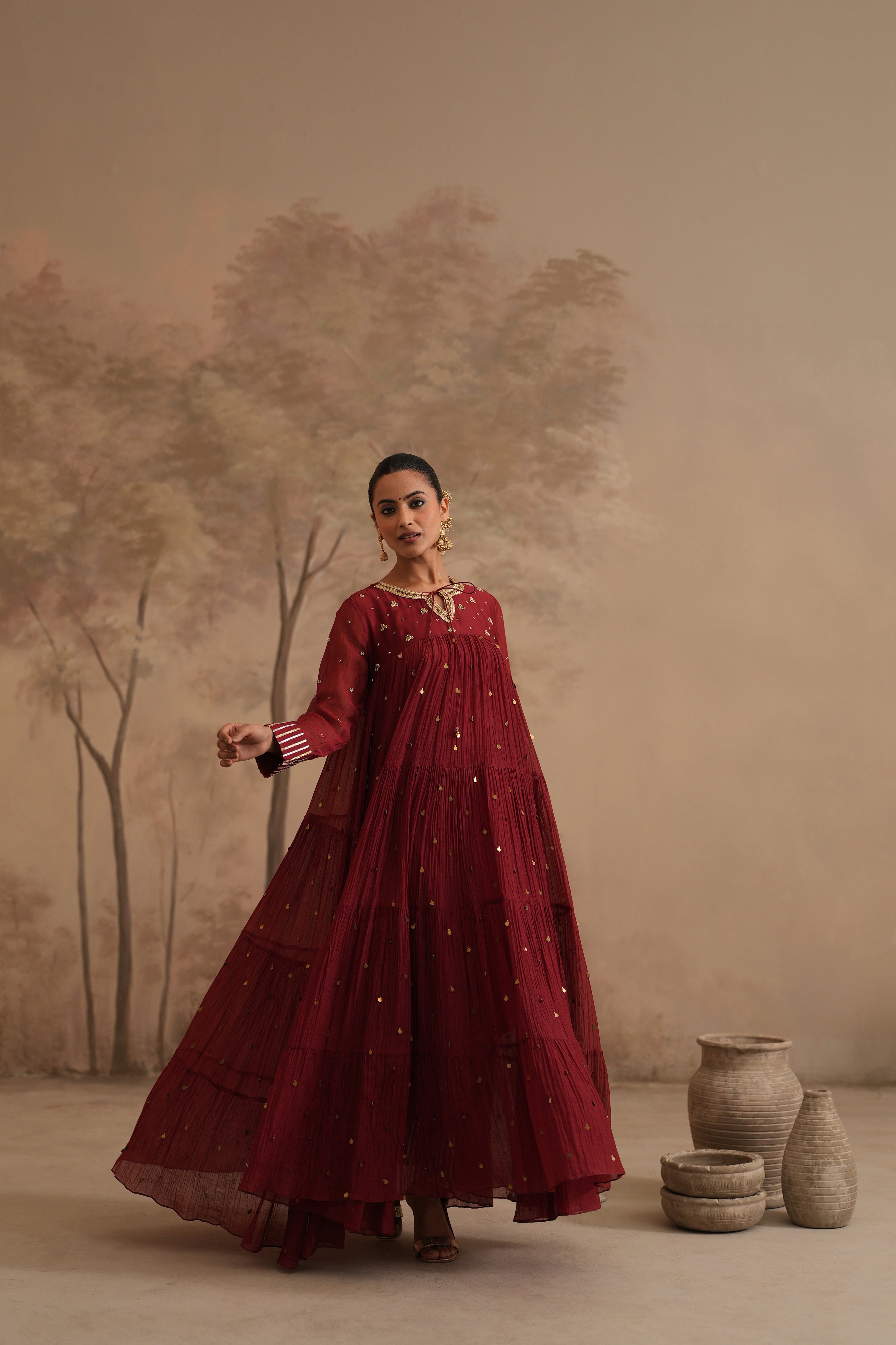 Brick Red Qala Aarna Layered Long Anarkali Set