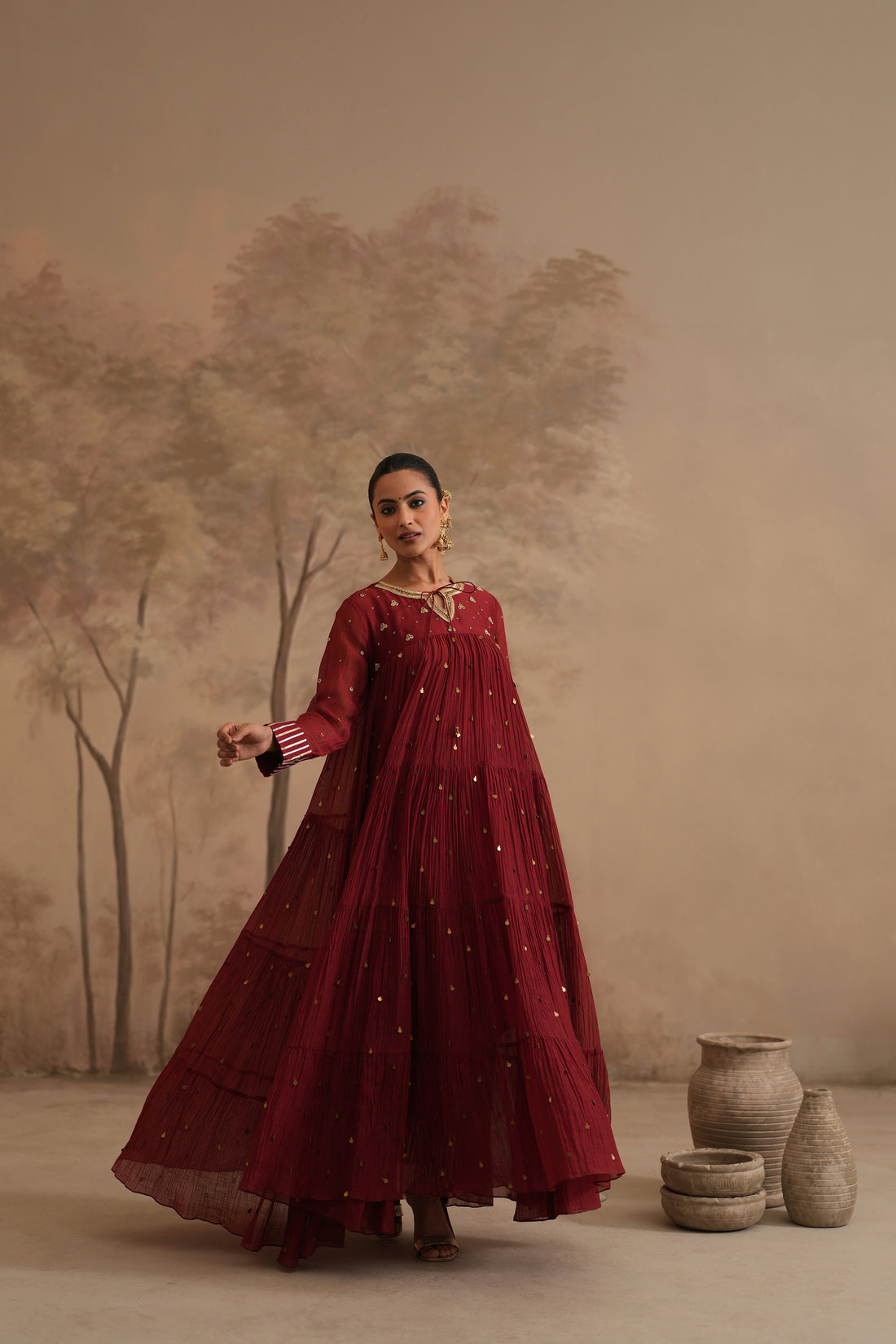 Brick Red Qala Aarna Layered Long Anarkali Set