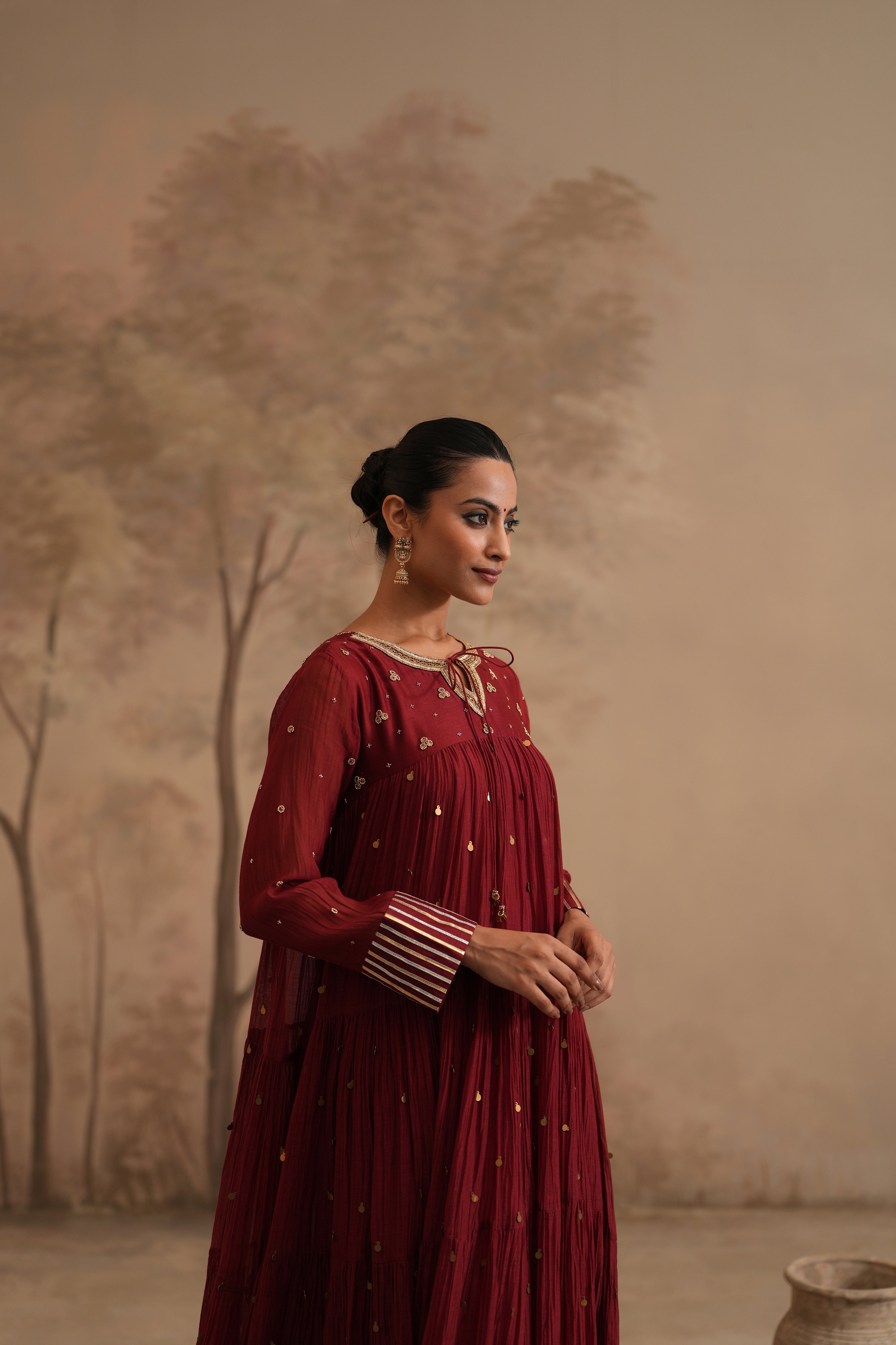 Brick Red Qala Aarna Layered Long Anarkali Set