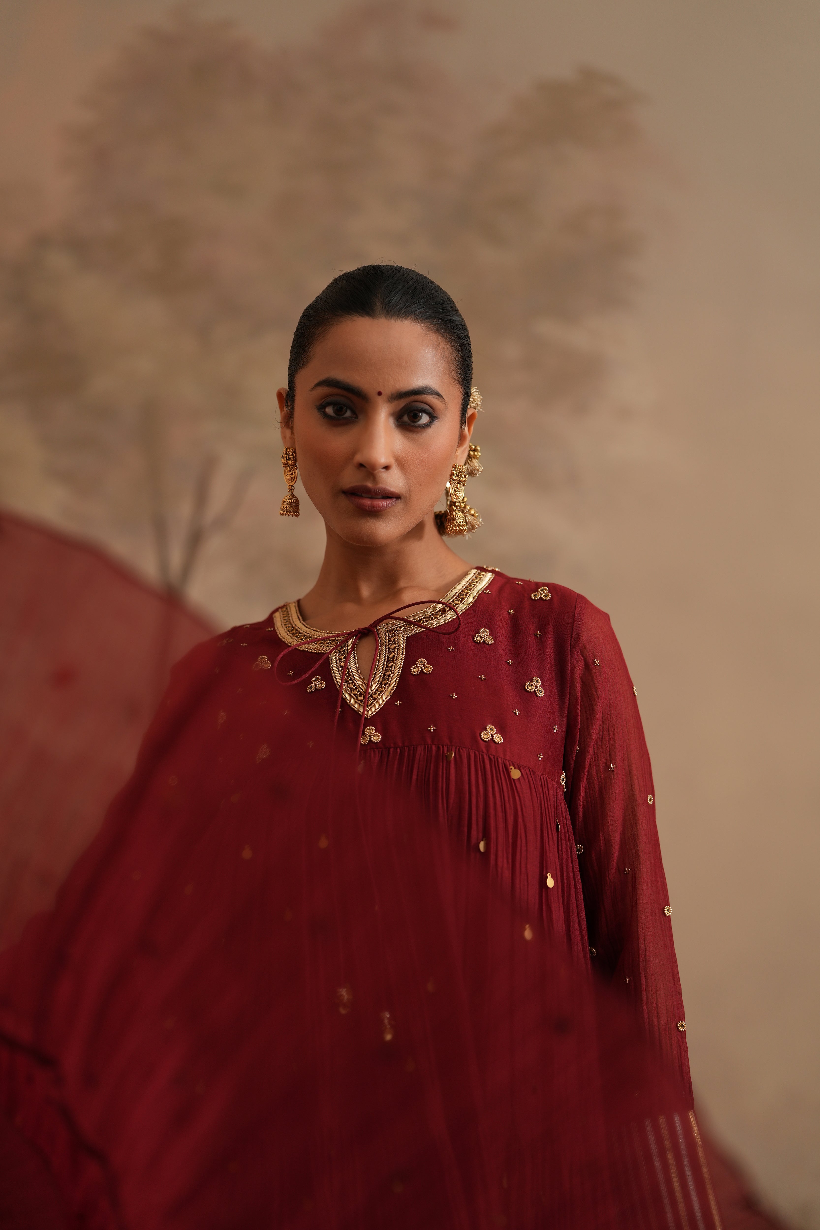Brick Red Qala Aarna Layered Long Anarkali Set