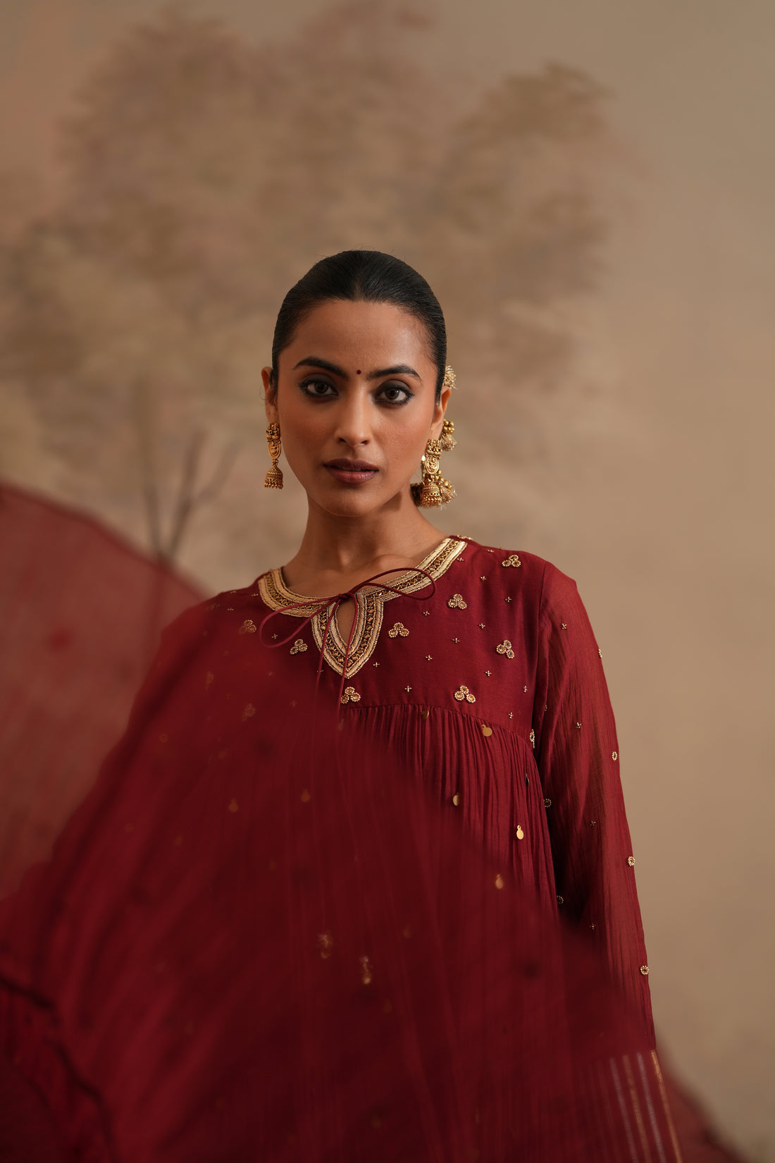 Brick Red Qala Aarna Layered Long Anarkali Set