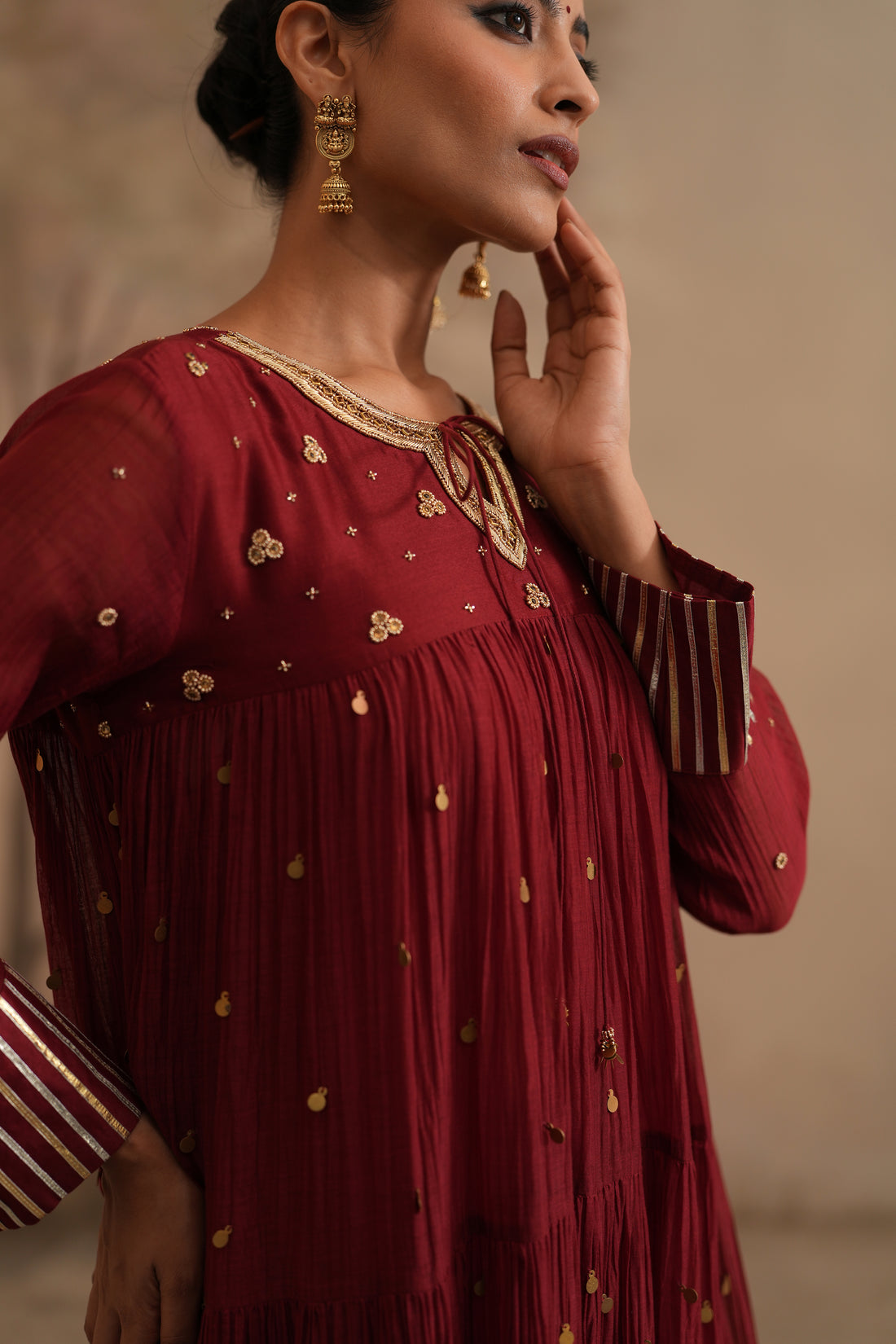 Brick Red Qala Aarna Layered Long Anarkali Set
