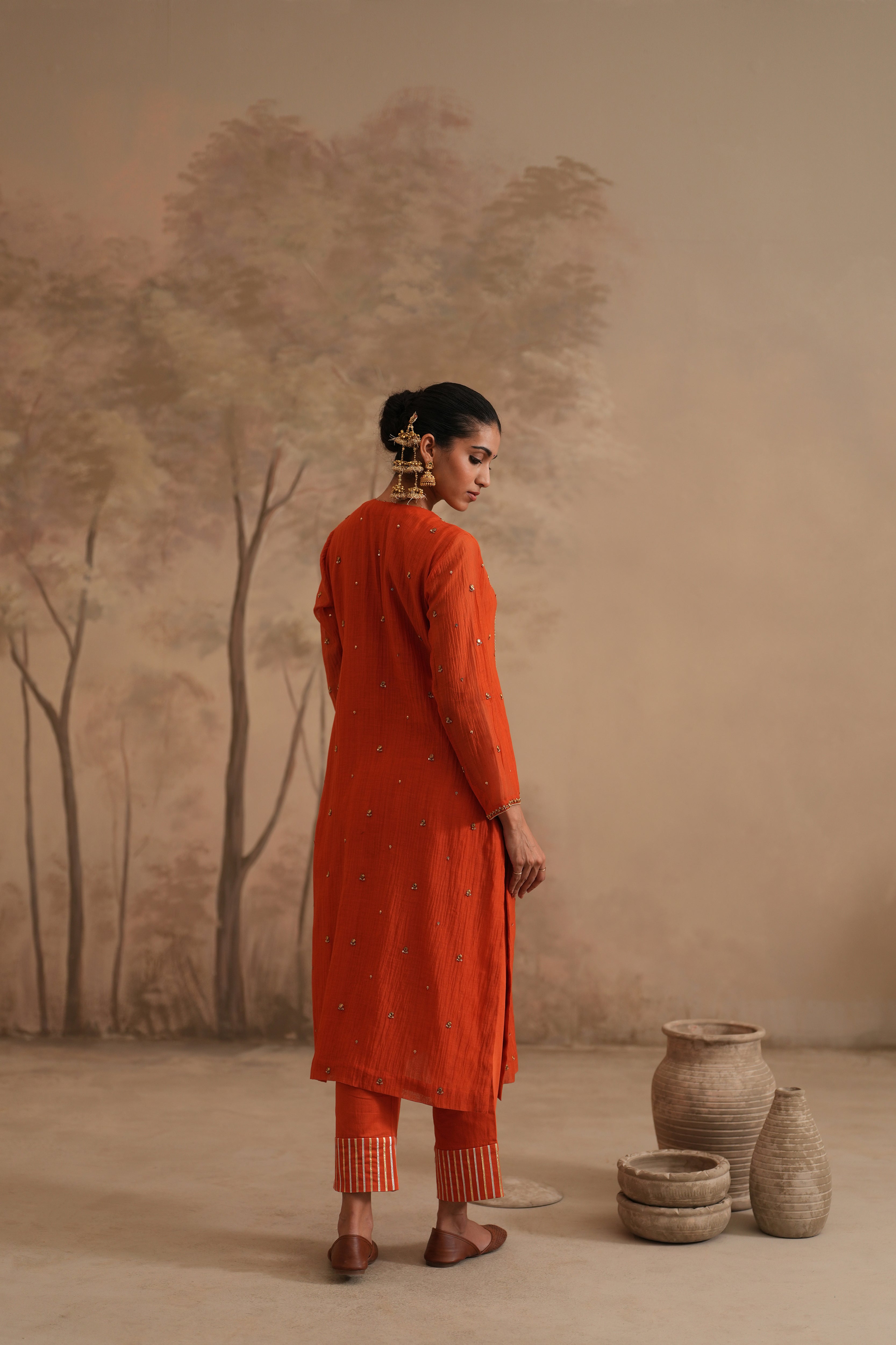 Burnt Orange Qala Saanvi Straight Keyhole Set