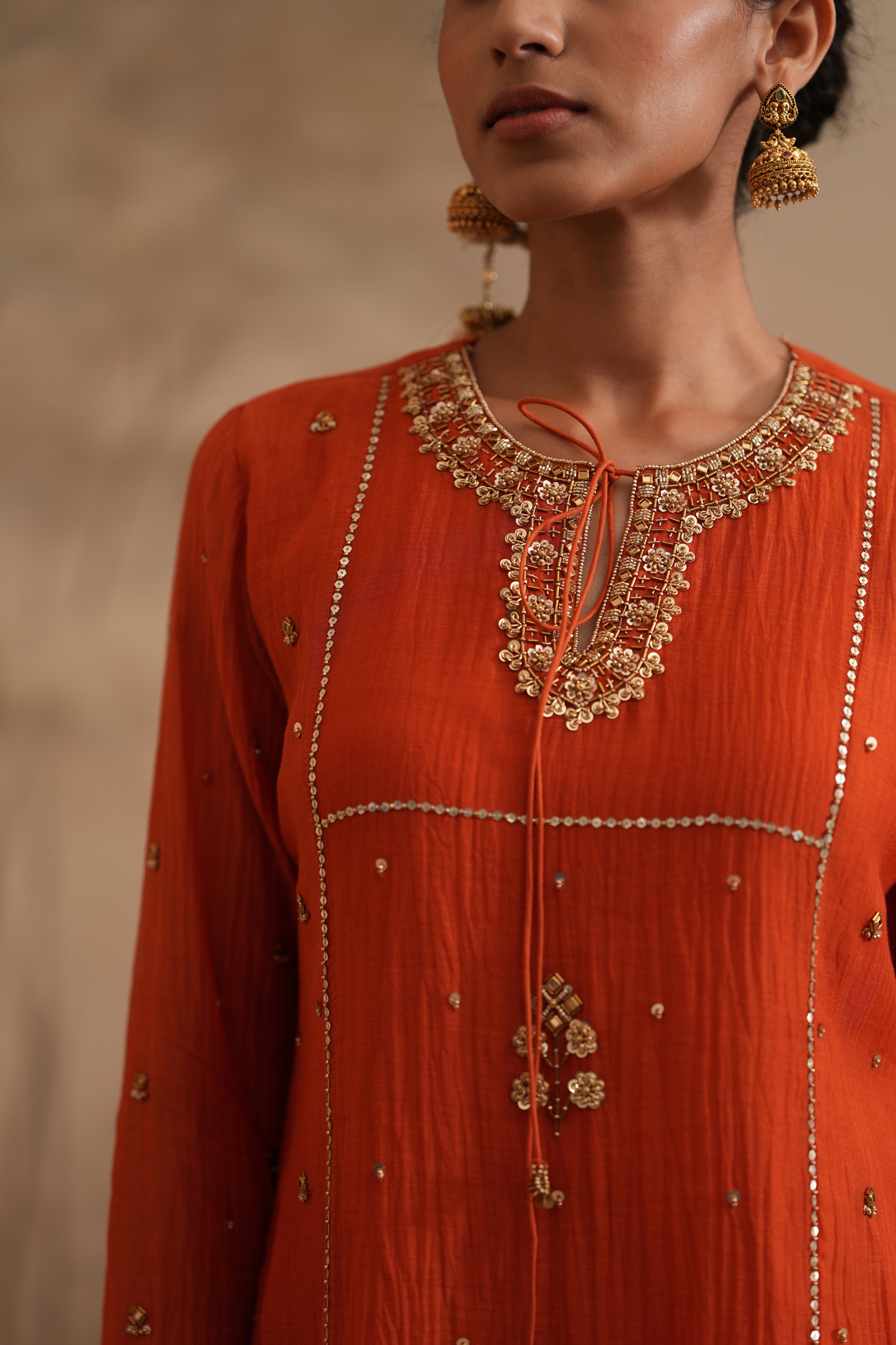 Burnt Orange Qala Saanvi Straight Keyhole Set