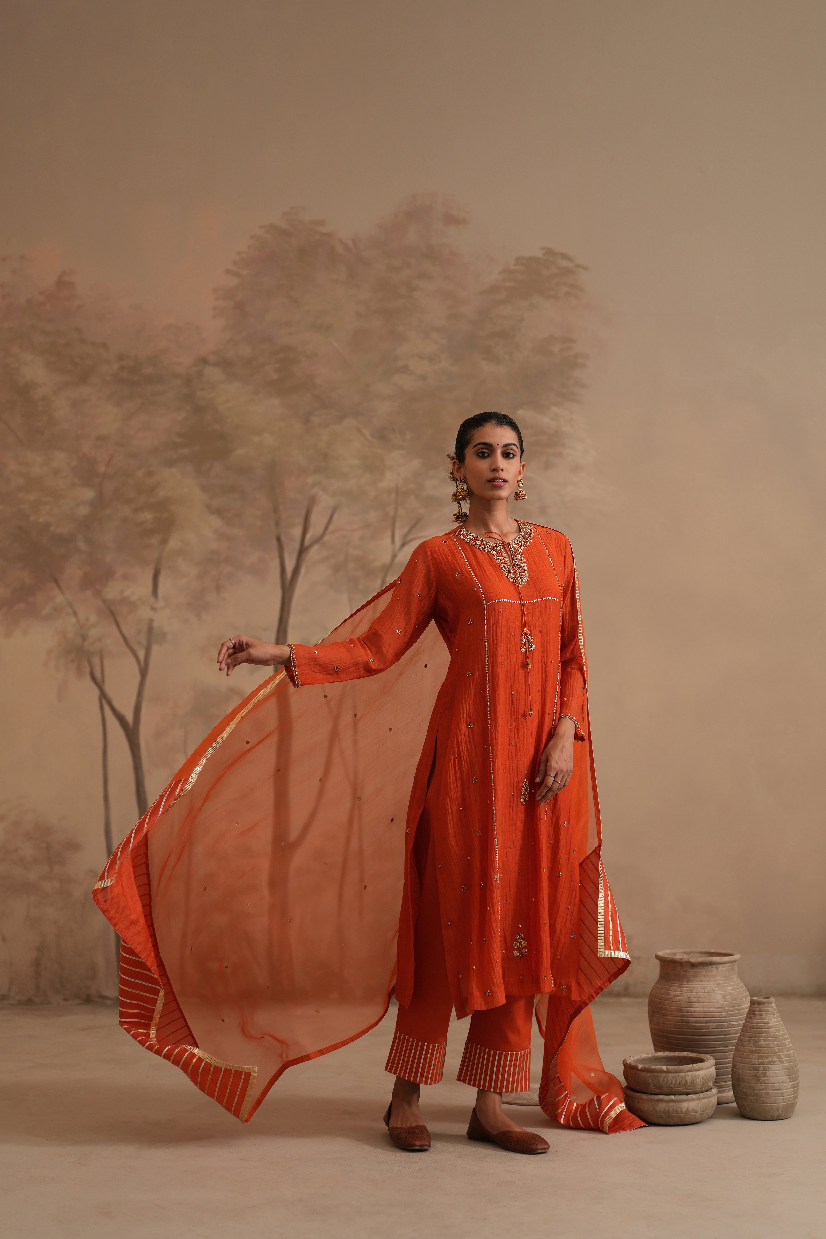 Burnt Orange Qala Saanvi Straight Keyhole Set