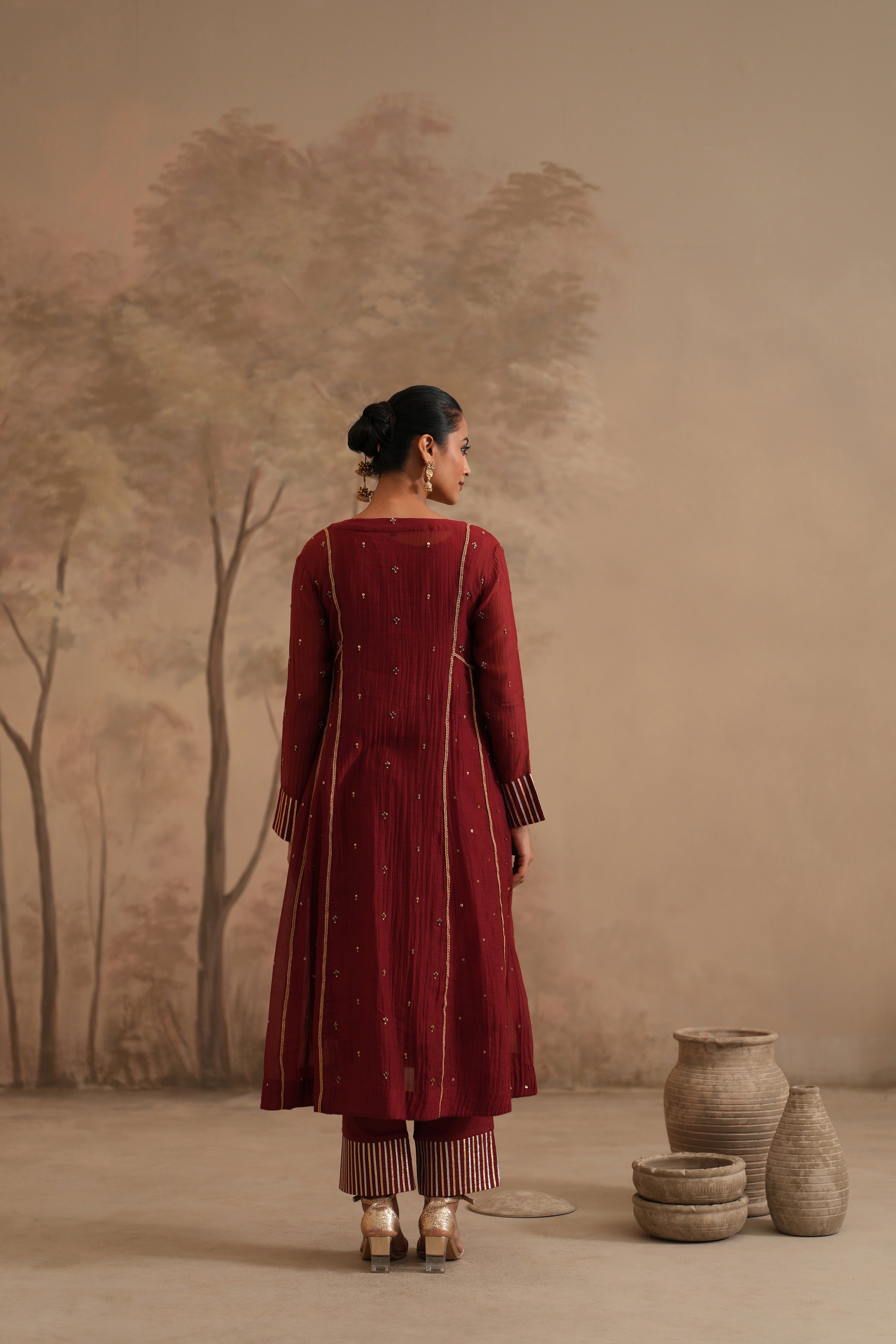 Qala Meher Aline Set -Brick Red