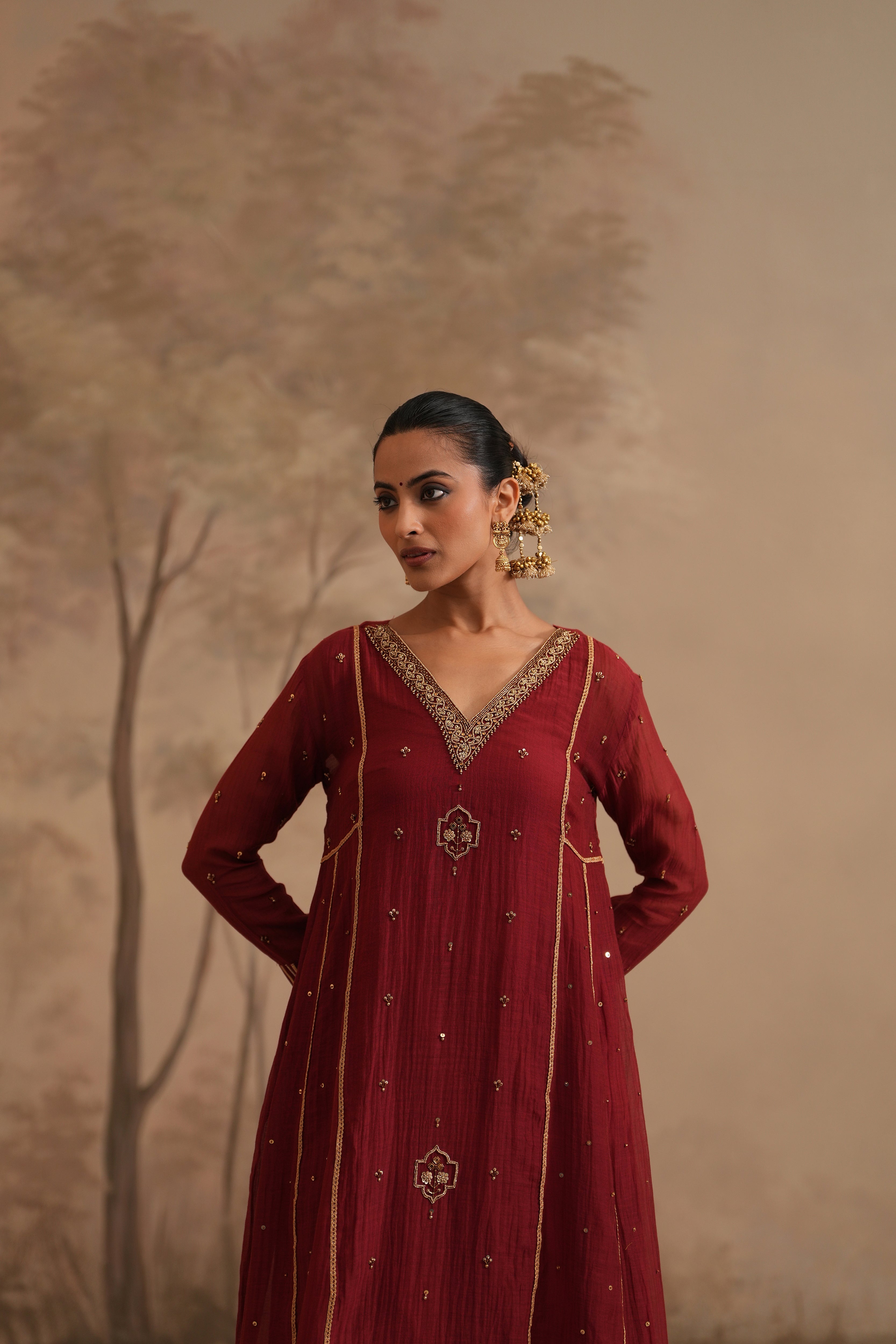 Qala Meher Aline Set -Brick Red