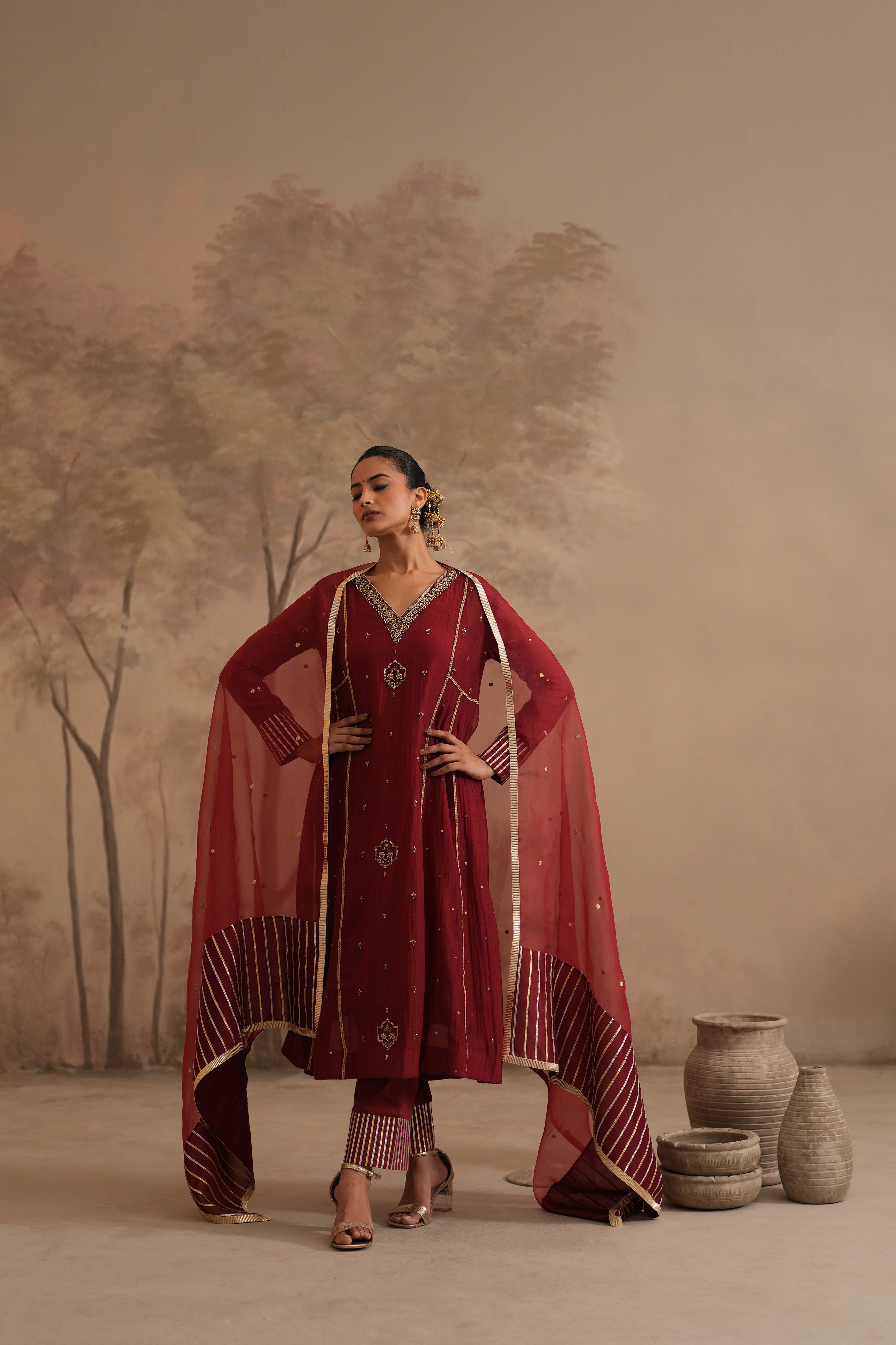 Qala Meher Aline Set -Brick Red