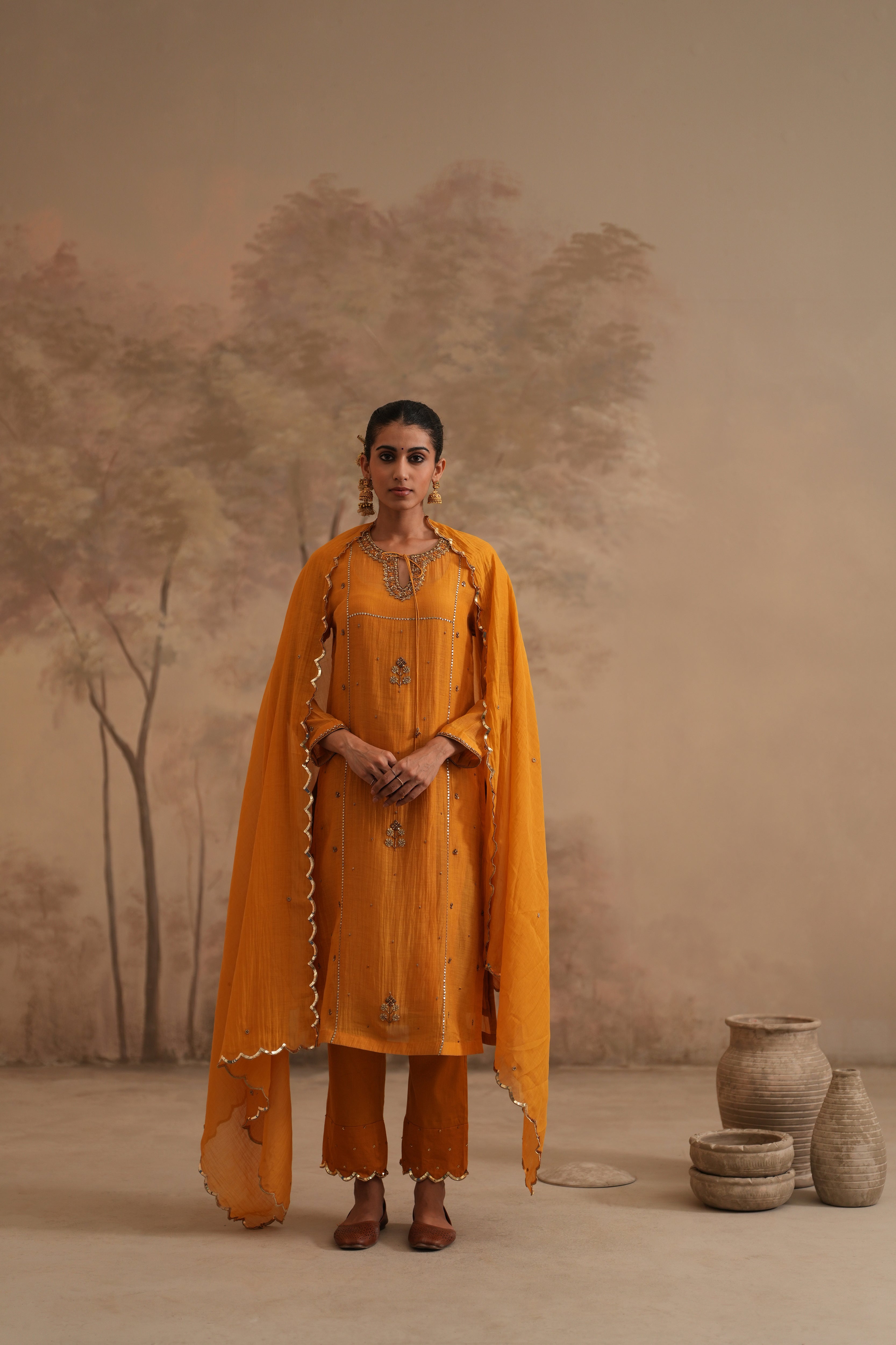 Earthy Yellow Qala Rachita Straight Keyhole Set