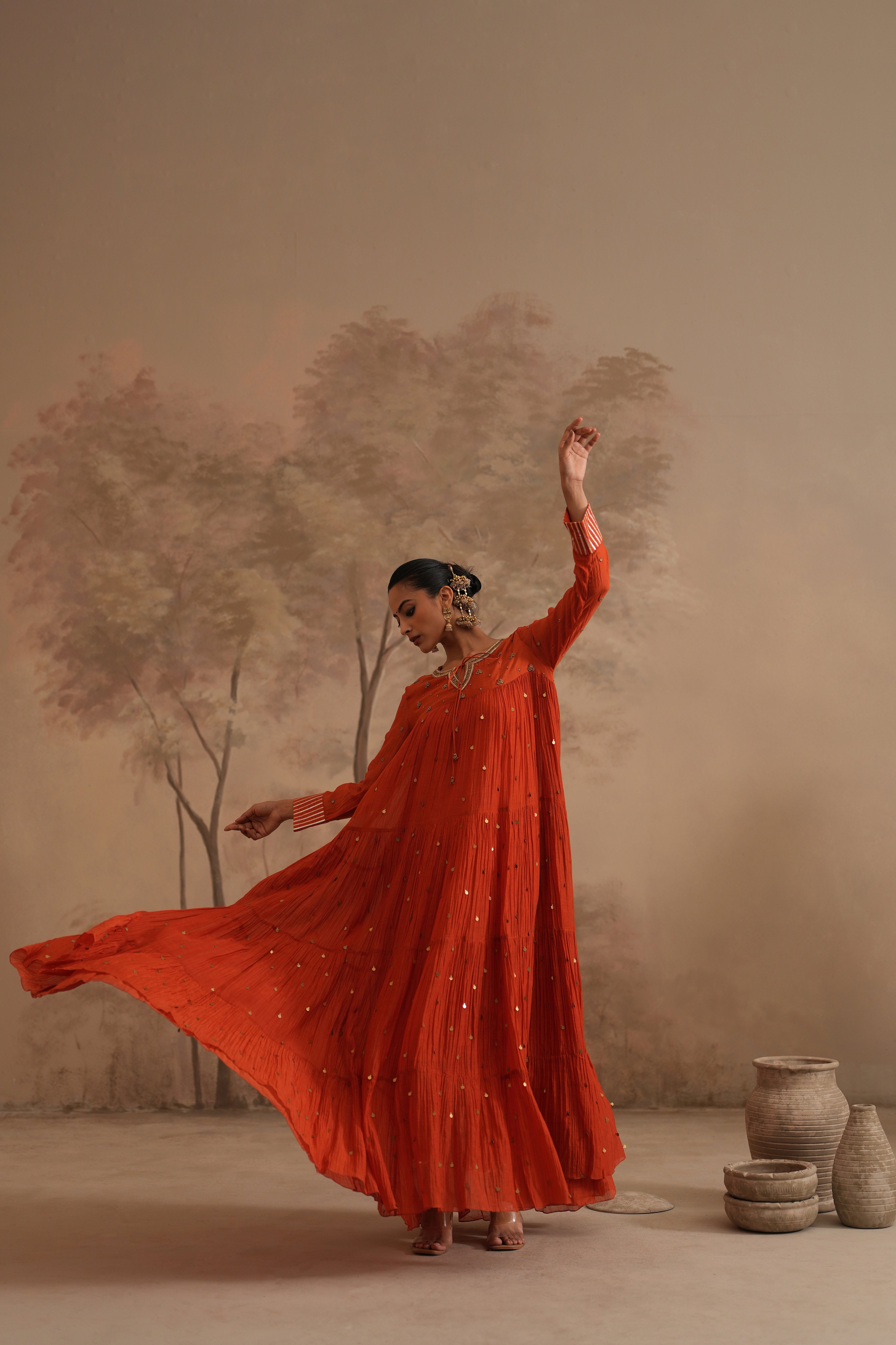 Burnt Orange Qala Aarna Layered Long Anarkali Set