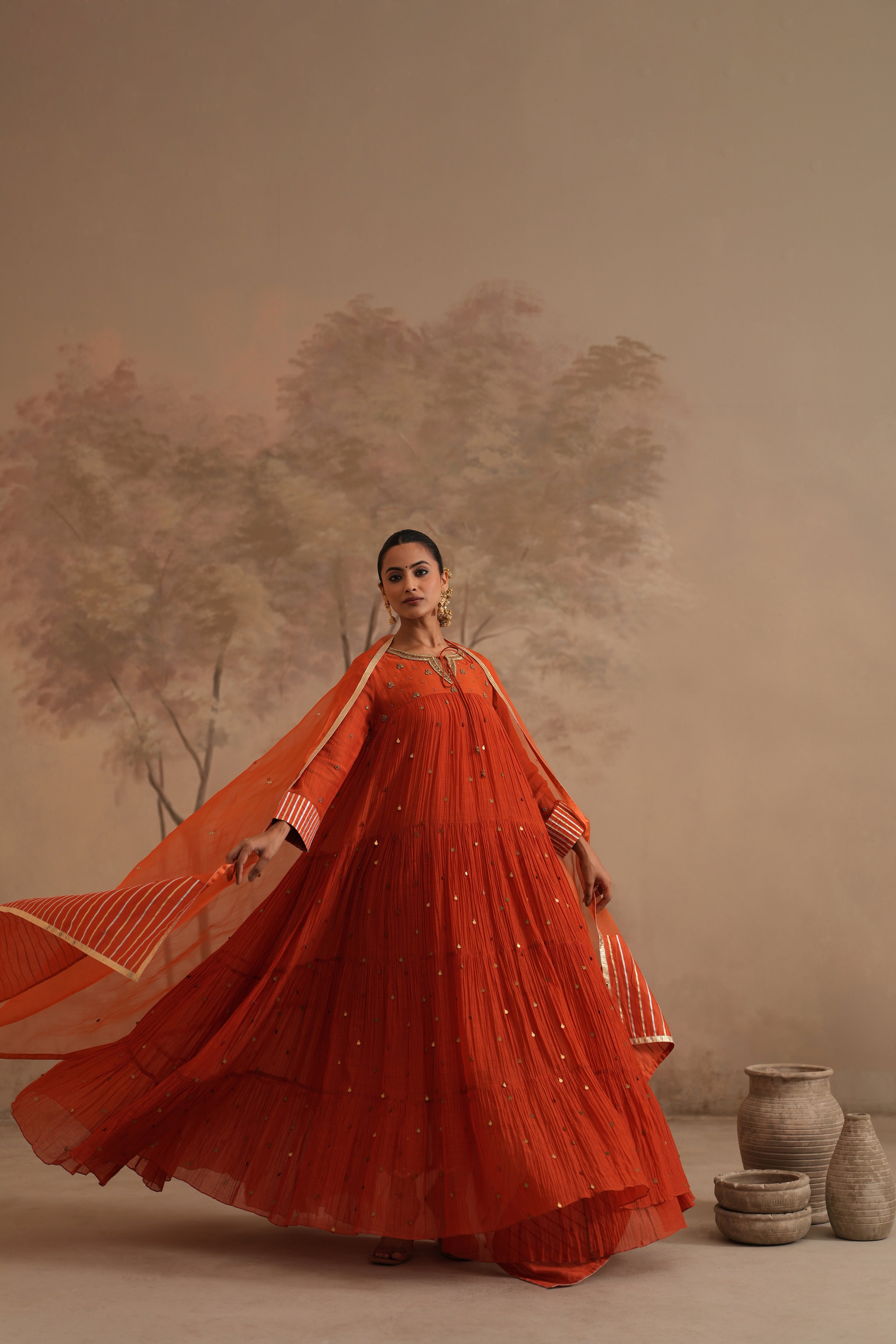Burnt Orange Qala Aarna Layered Long Anarkali Set