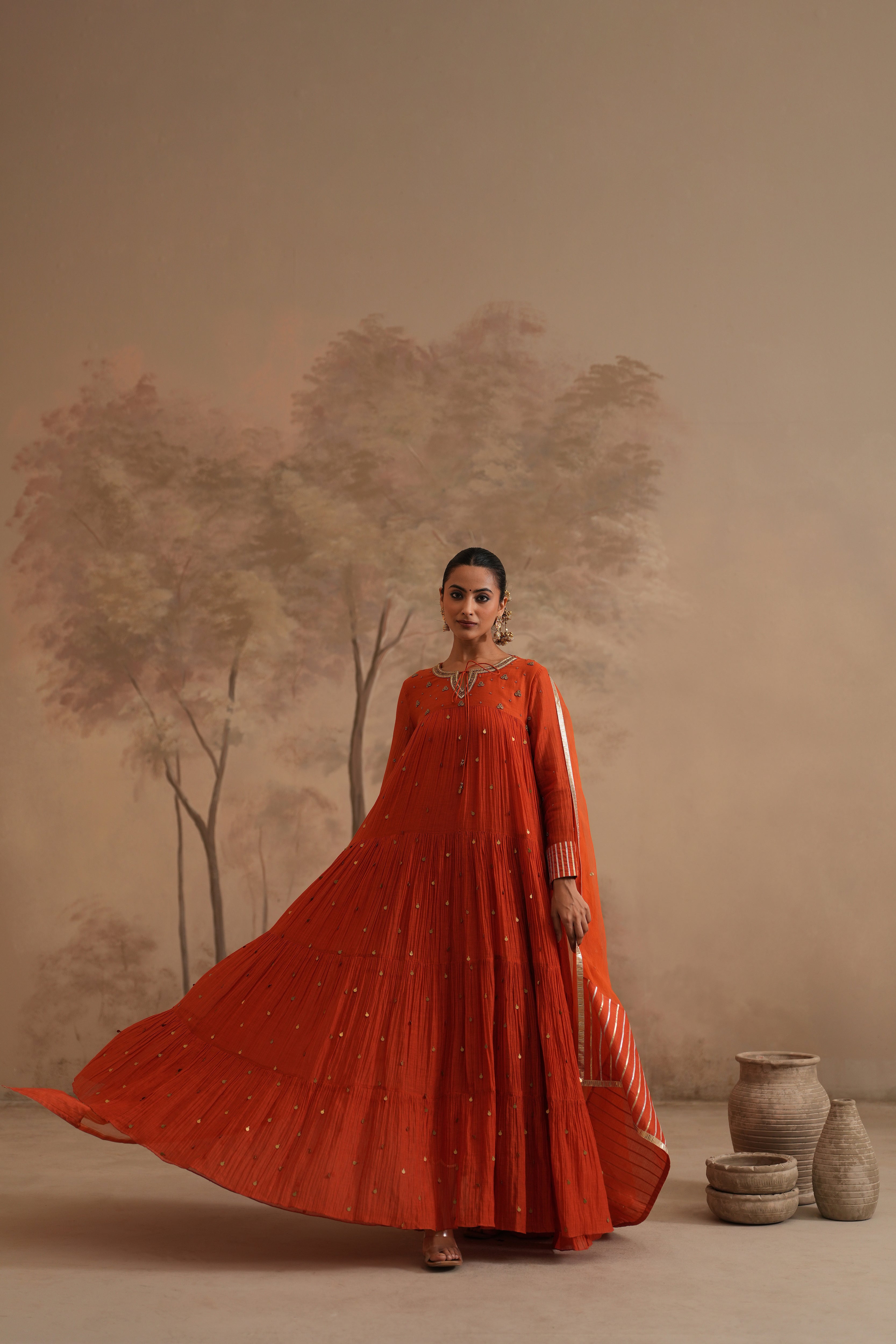 Burnt Orange Qala Aarna Layered Long Anarkali Set