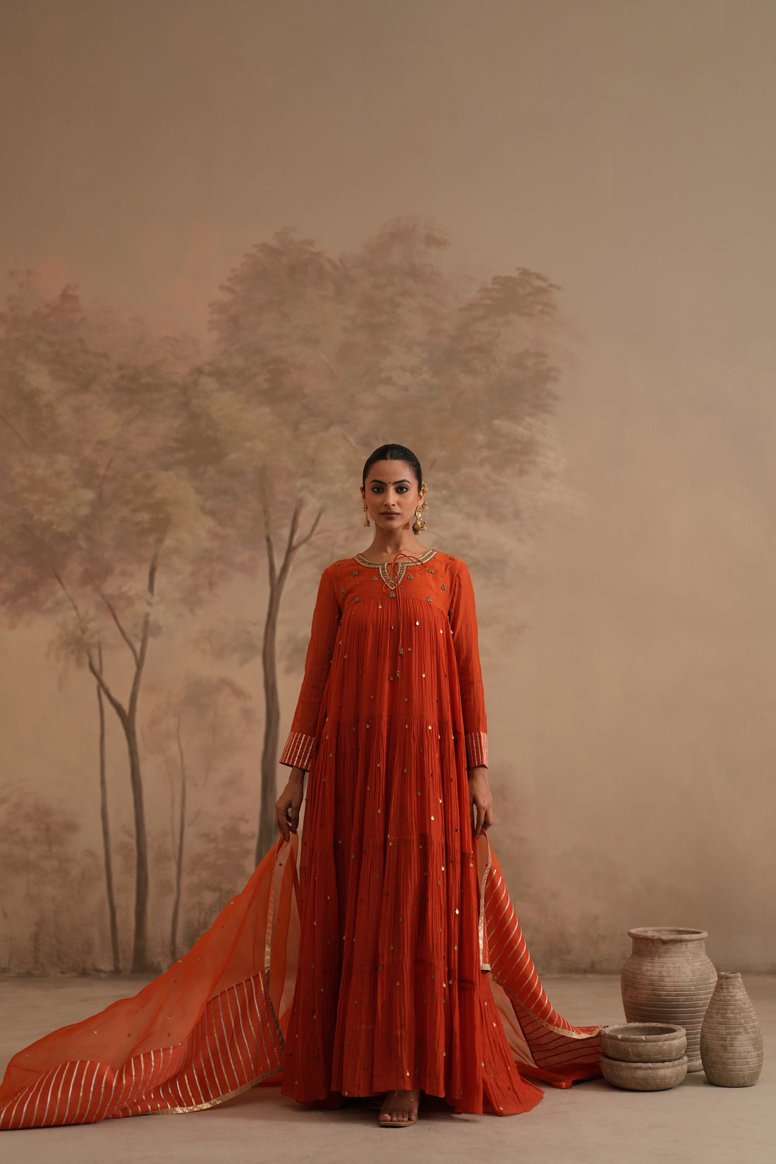 Burnt Orange Qala Aarna Layered Long Anarkali Set