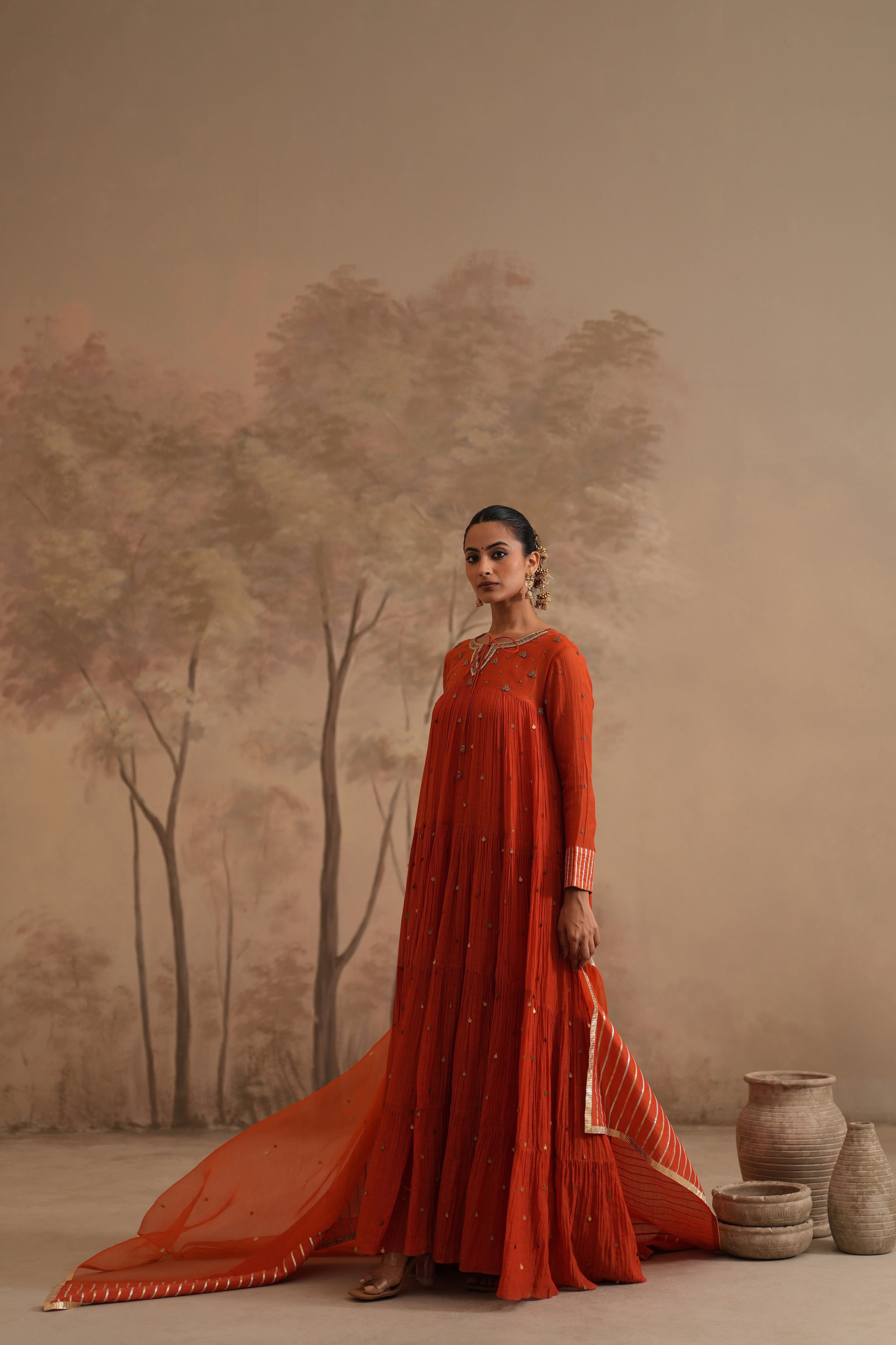Burnt Orange Qala Aarna Layered Long Anarkali Set