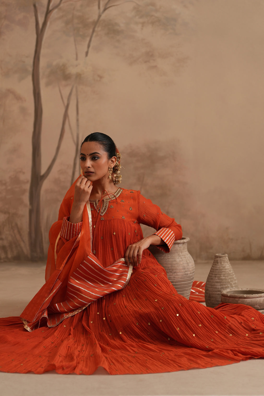 Burnt Orange Qala Aarna Layered Long Anarkali Set