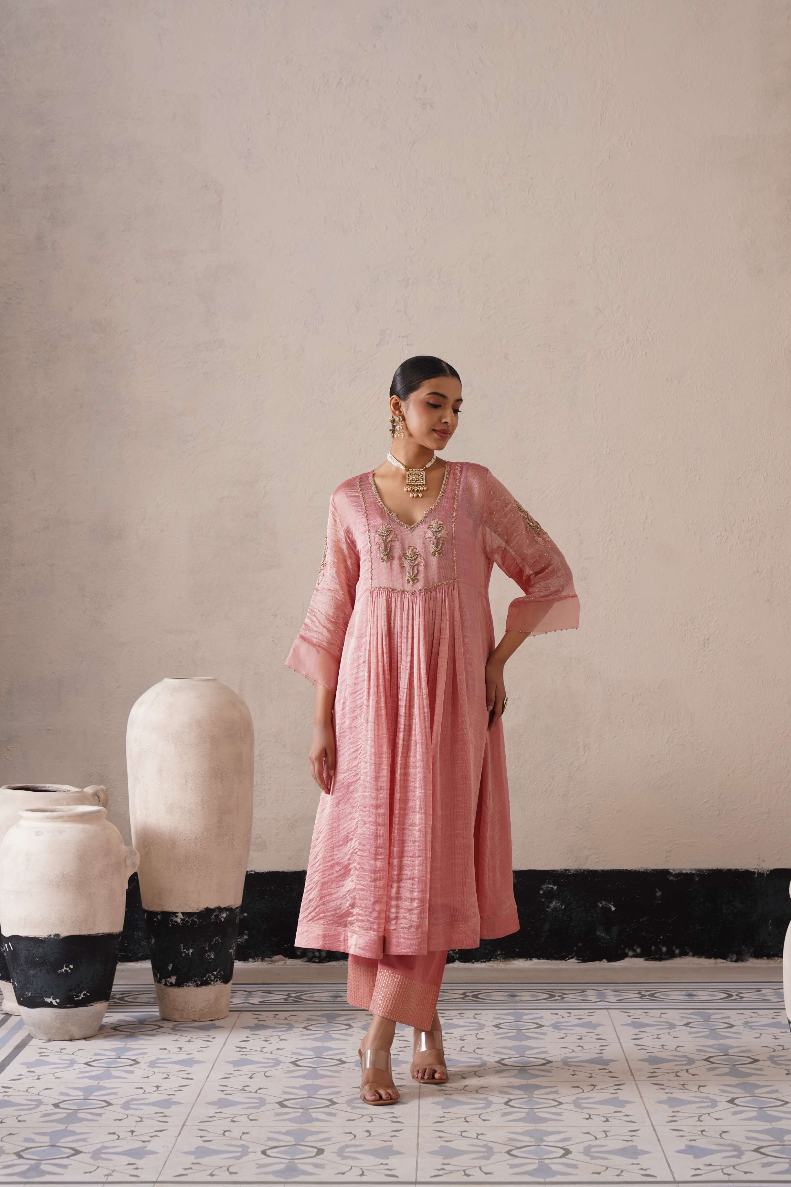 BLUSH APRICOT GATHERS  KURTA