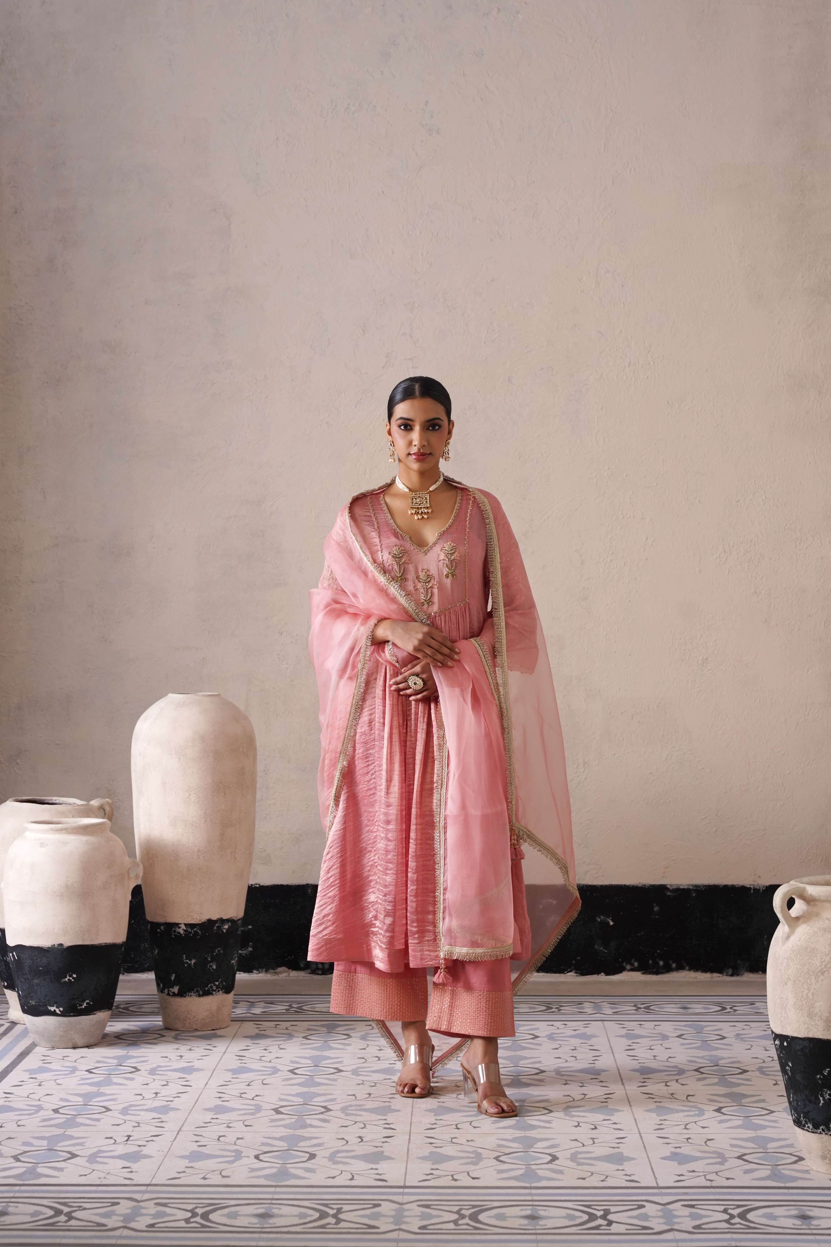 BLUSH APRICOT GATHERS  KURTA