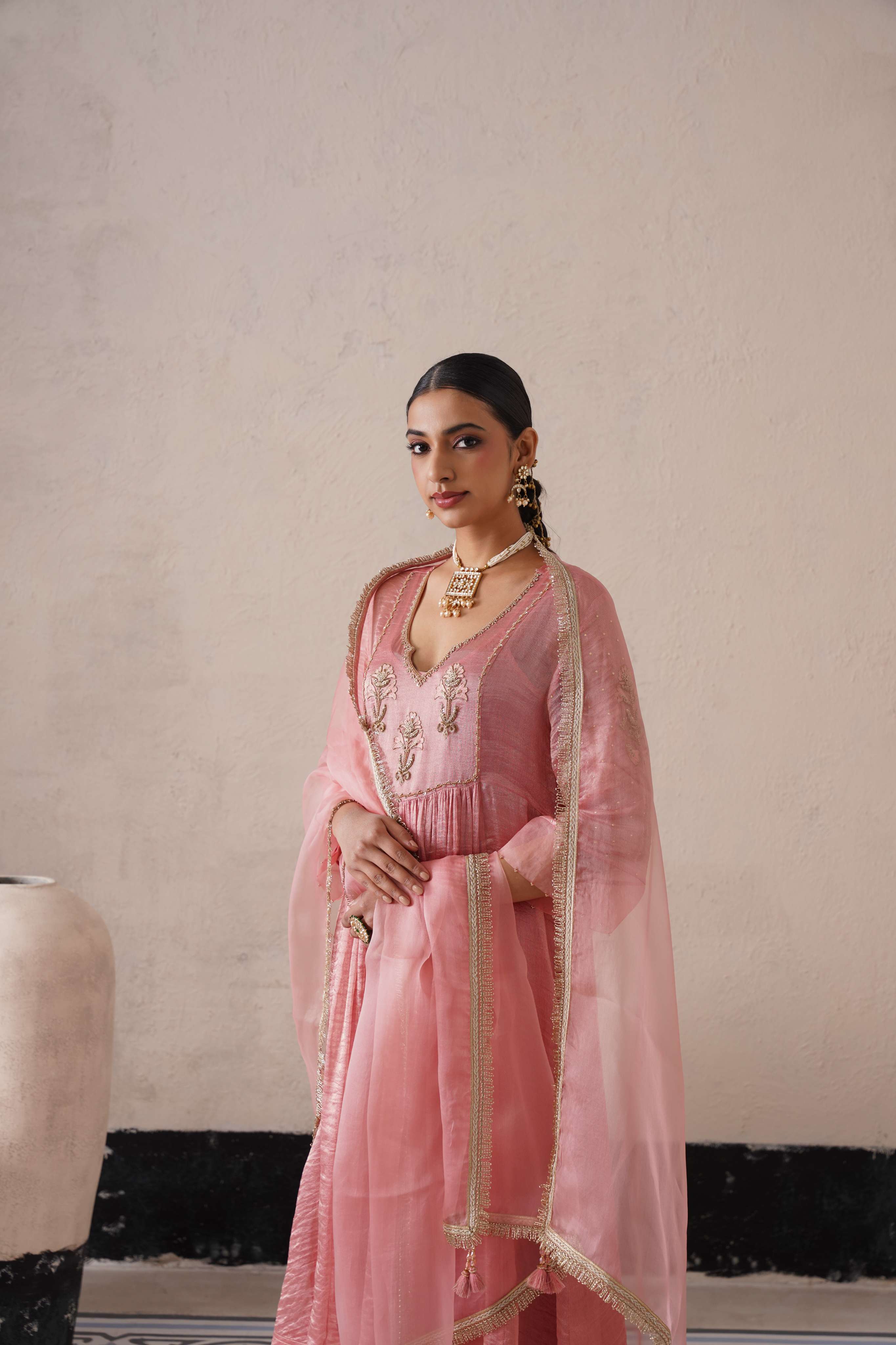 BLUSH APRICOT GATHERS  KURTA