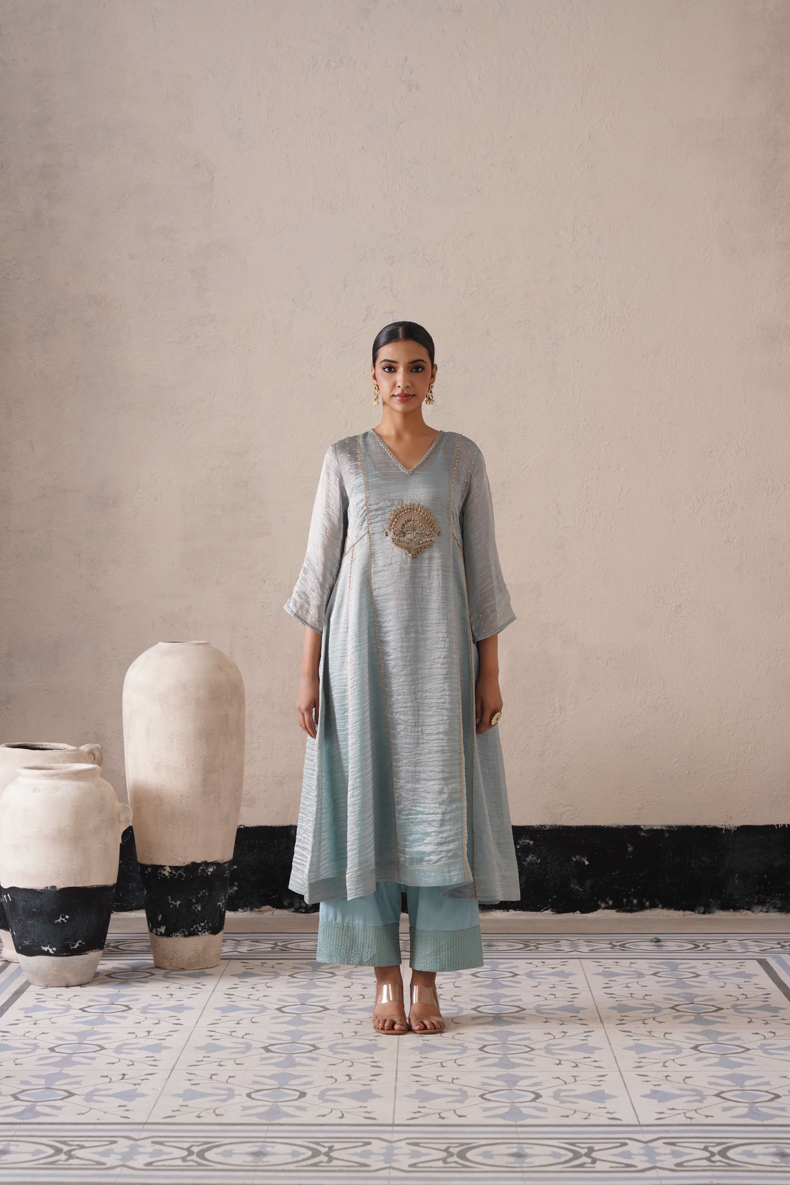 POWDER BLUE PANNEL A-LINE KURTA