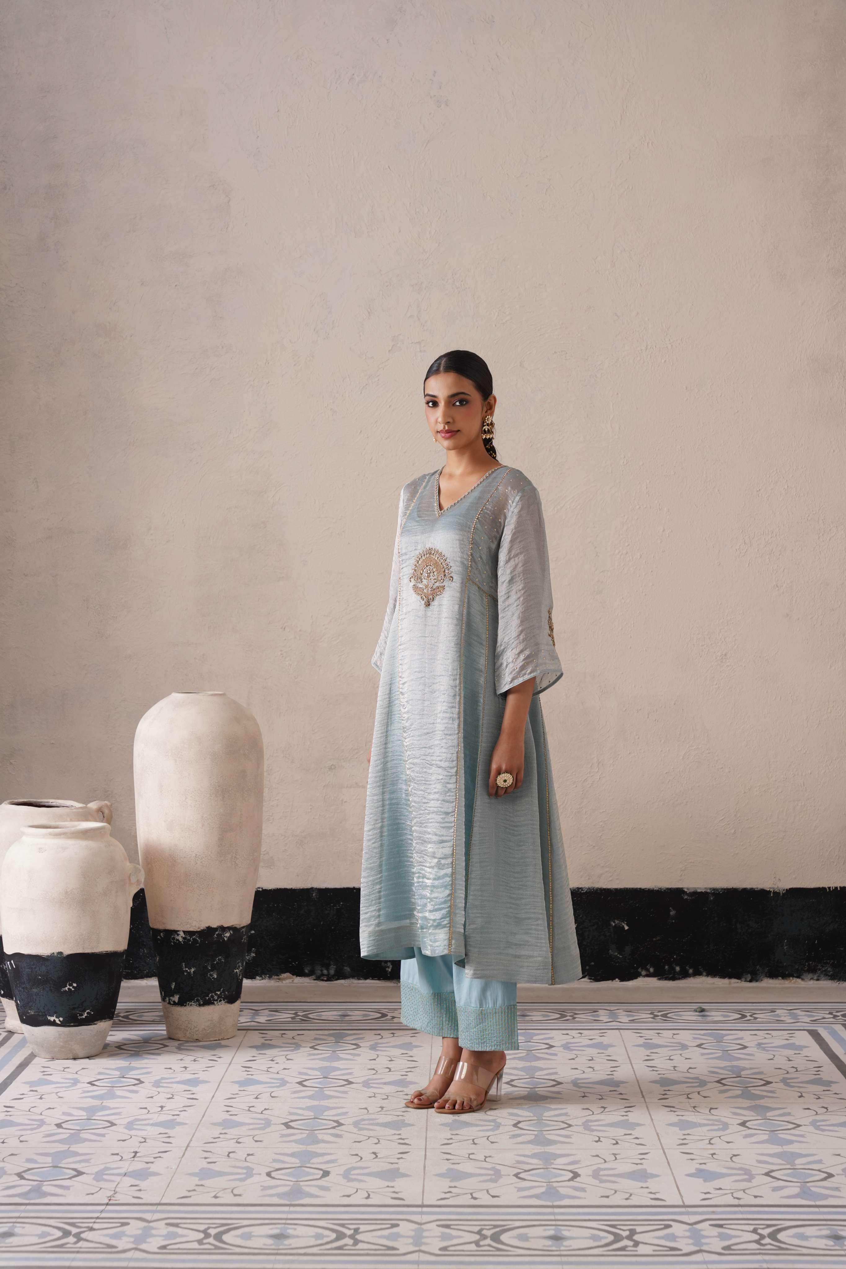 POWDER BLUE PANNEL A-LINE KURTA