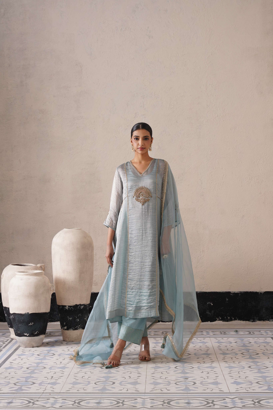 POWDER BLUE PANNEL A-LINE KURTA