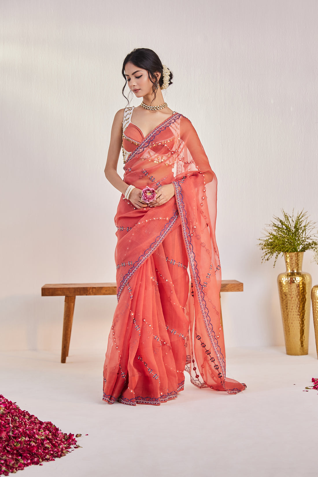 Reshami Raat Peach orange Saree