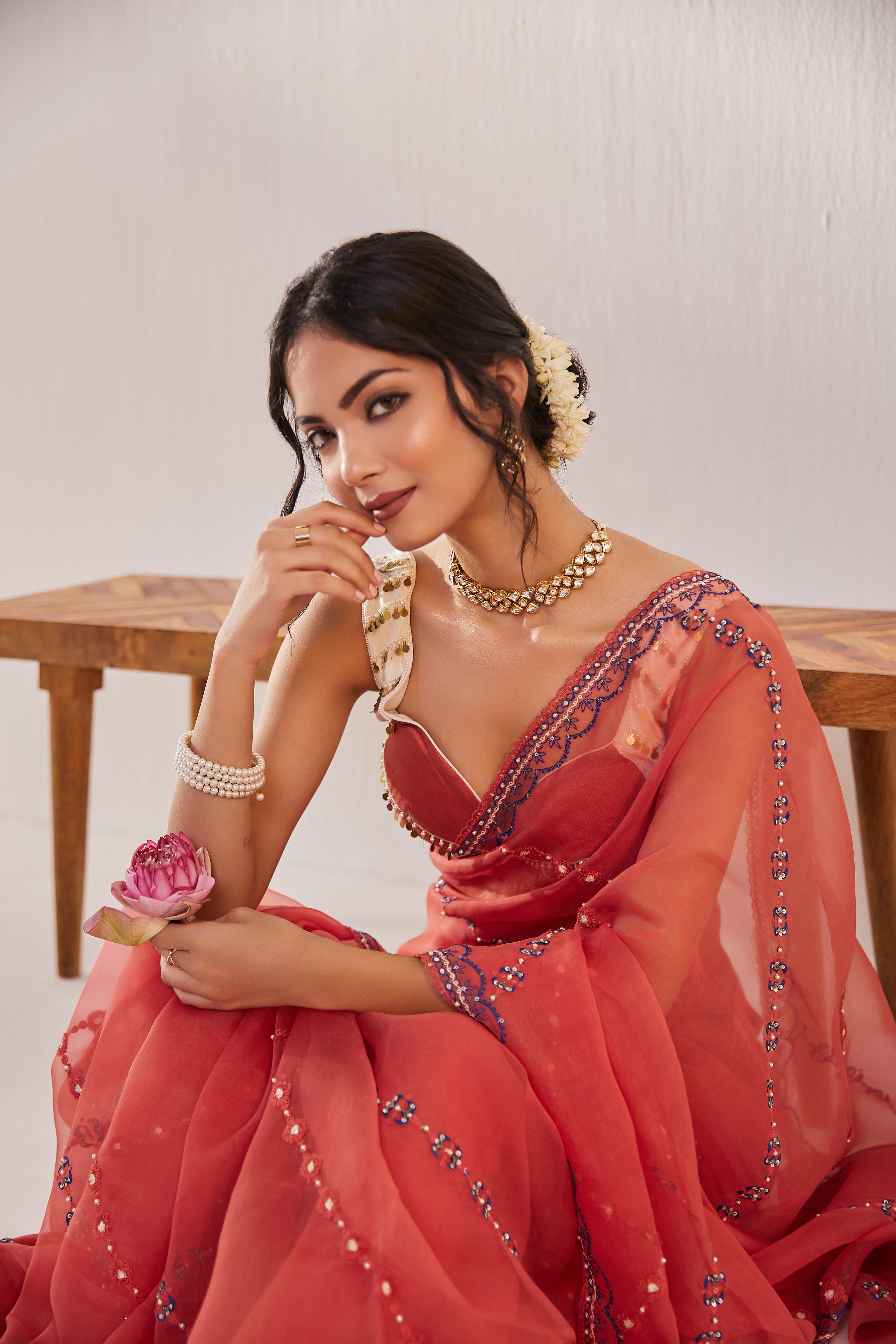 Reshami Raat Peach orange Saree