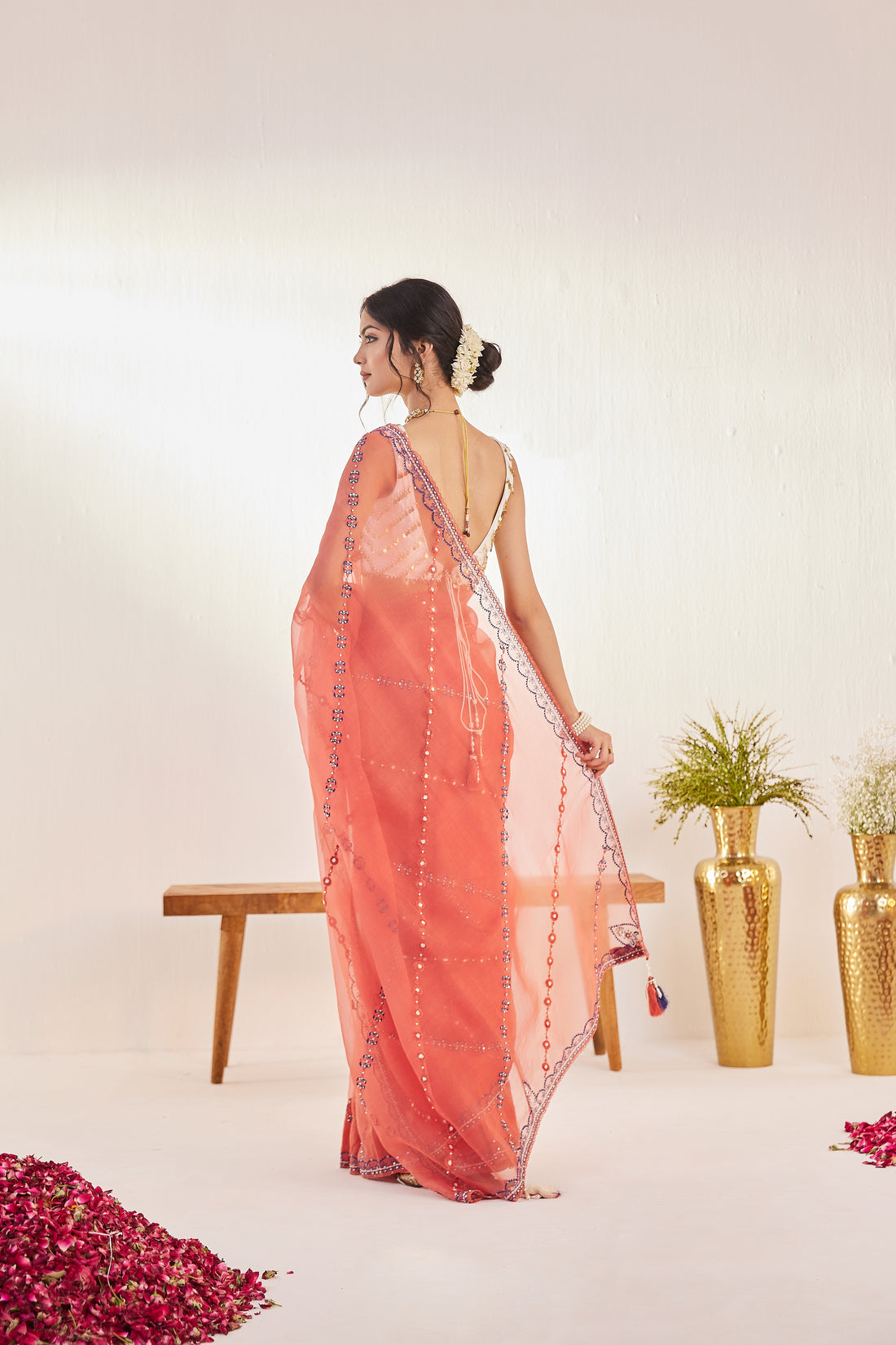Reshami Raat Peach orange Saree