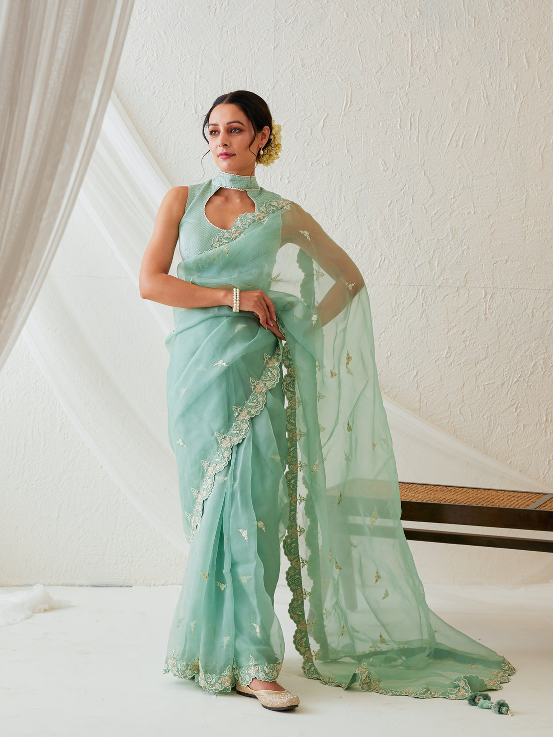 Reshami Raat  marine green saree