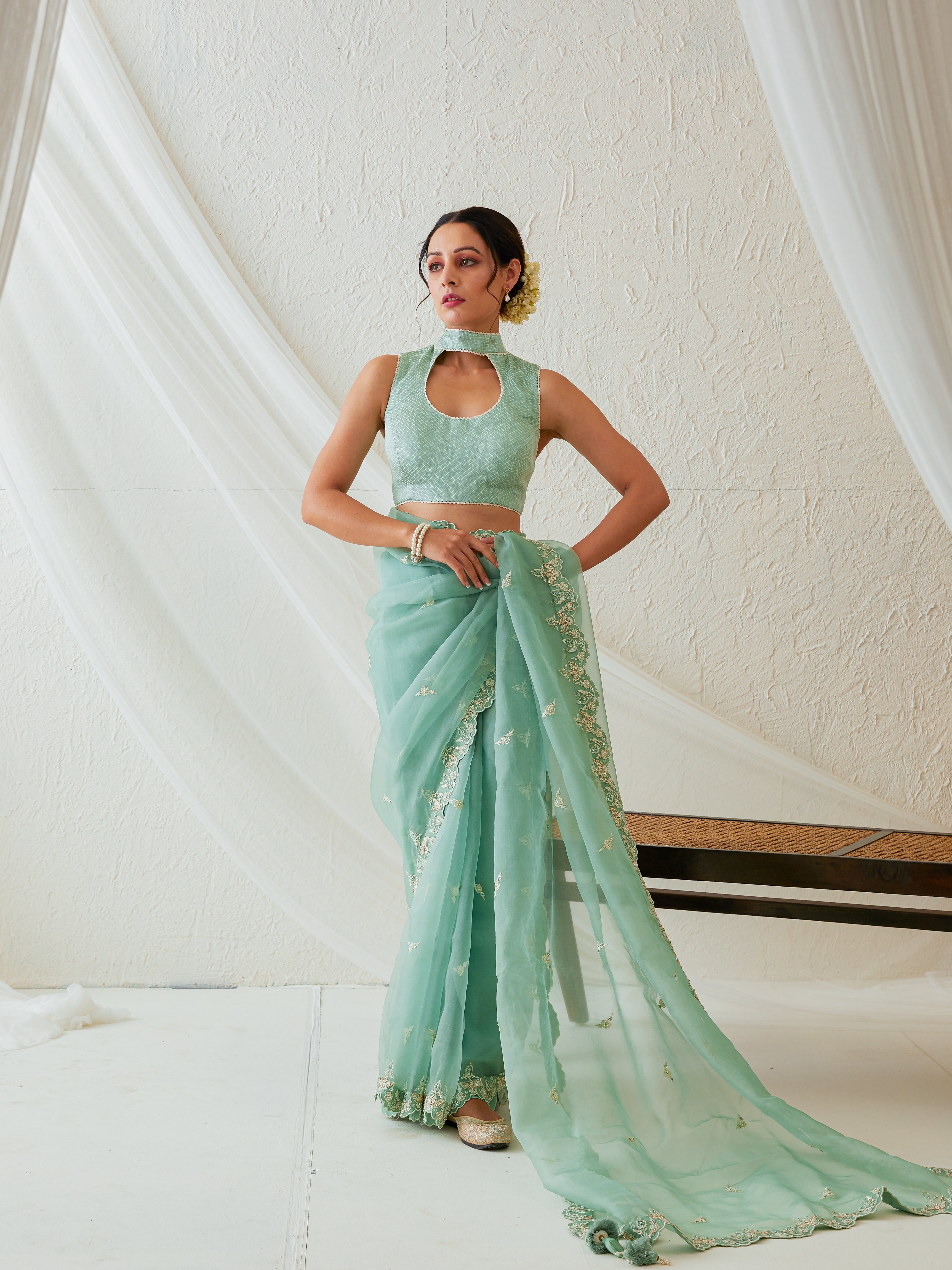 Reshami Raat  marine green saree