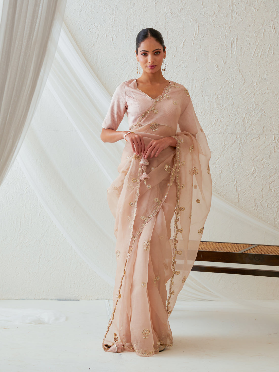 Reshami Raat peach nude saree