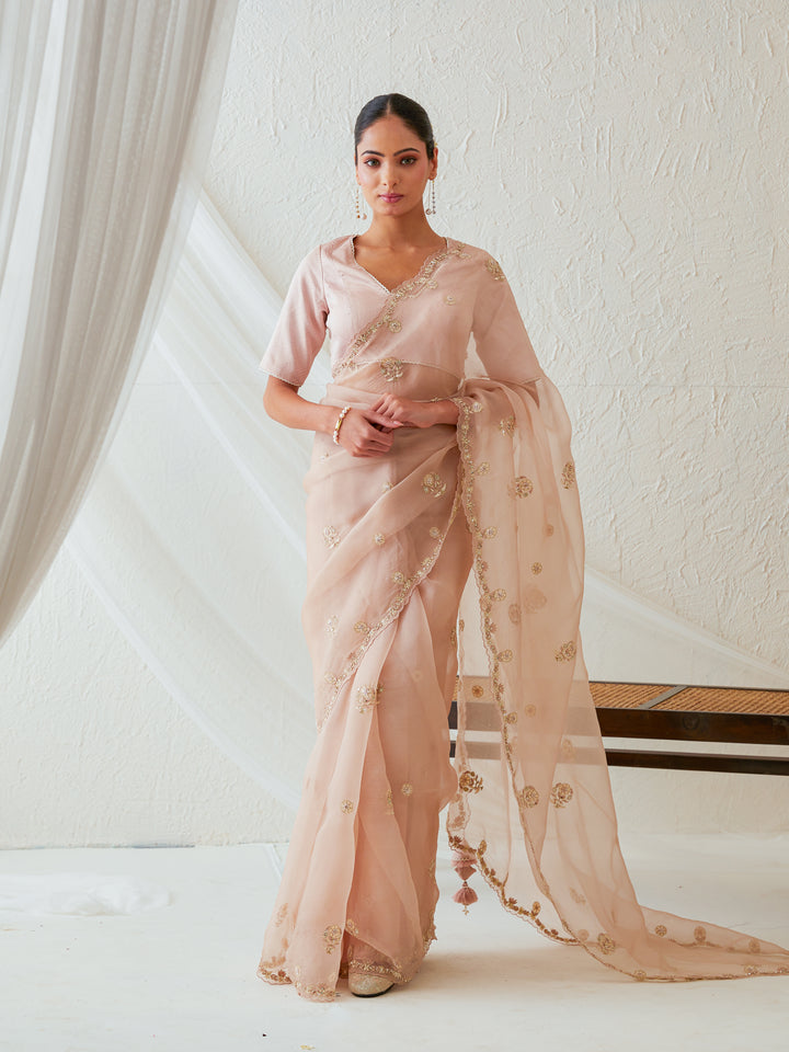Reshami Raat peach nude saree